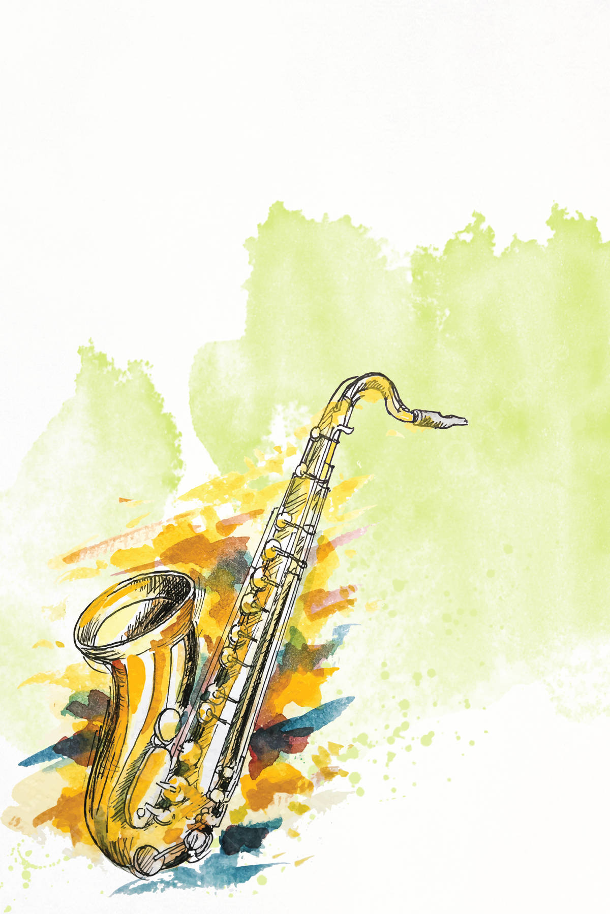 saxophone, golden saxophone, vibrant yellow orange and blue brushstrokes, HD Phone Wallpaper
