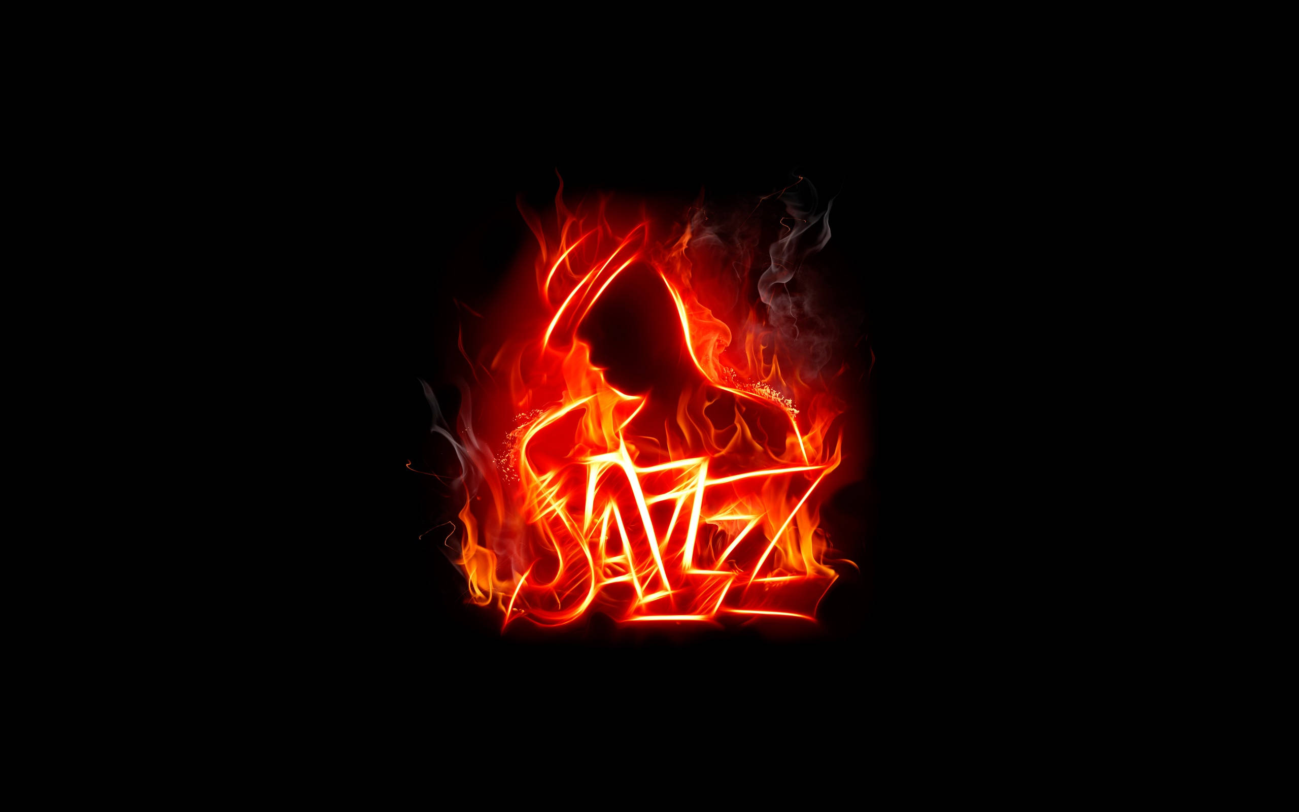 Jazz On FIre, vibrant orange flames, stark black background, 2K Desktop Wallpaper