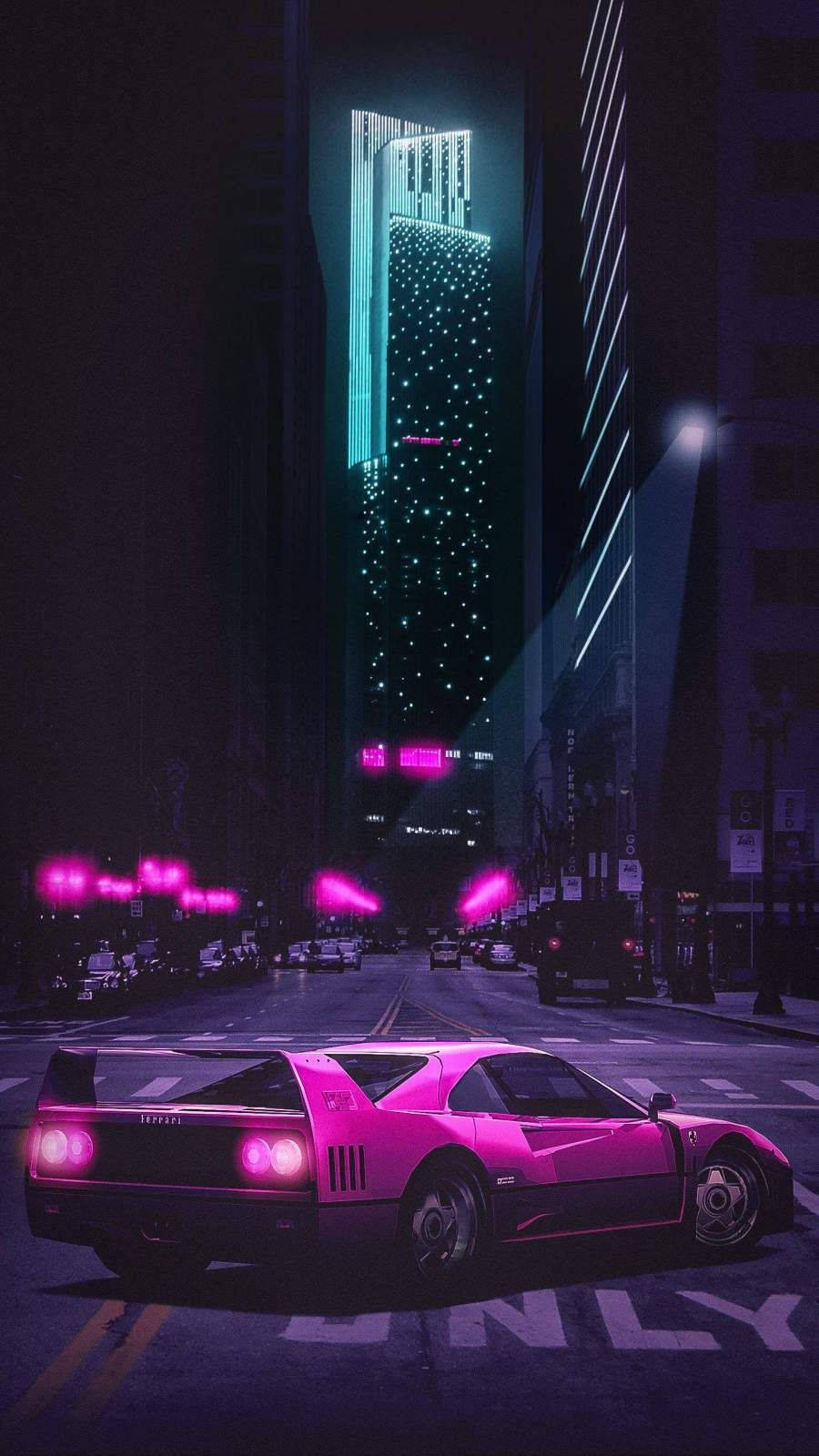 glowing pink sports car, neon-lit city street, towering skyscraper, HD Phone Wallpaper