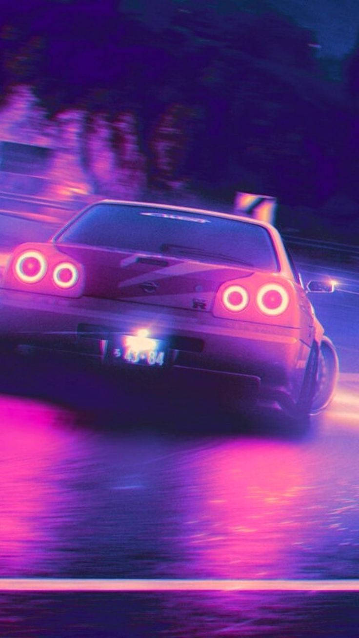 Skyline, neon-drenched rain, glowing circular taillights, HD Phone Wallpaper