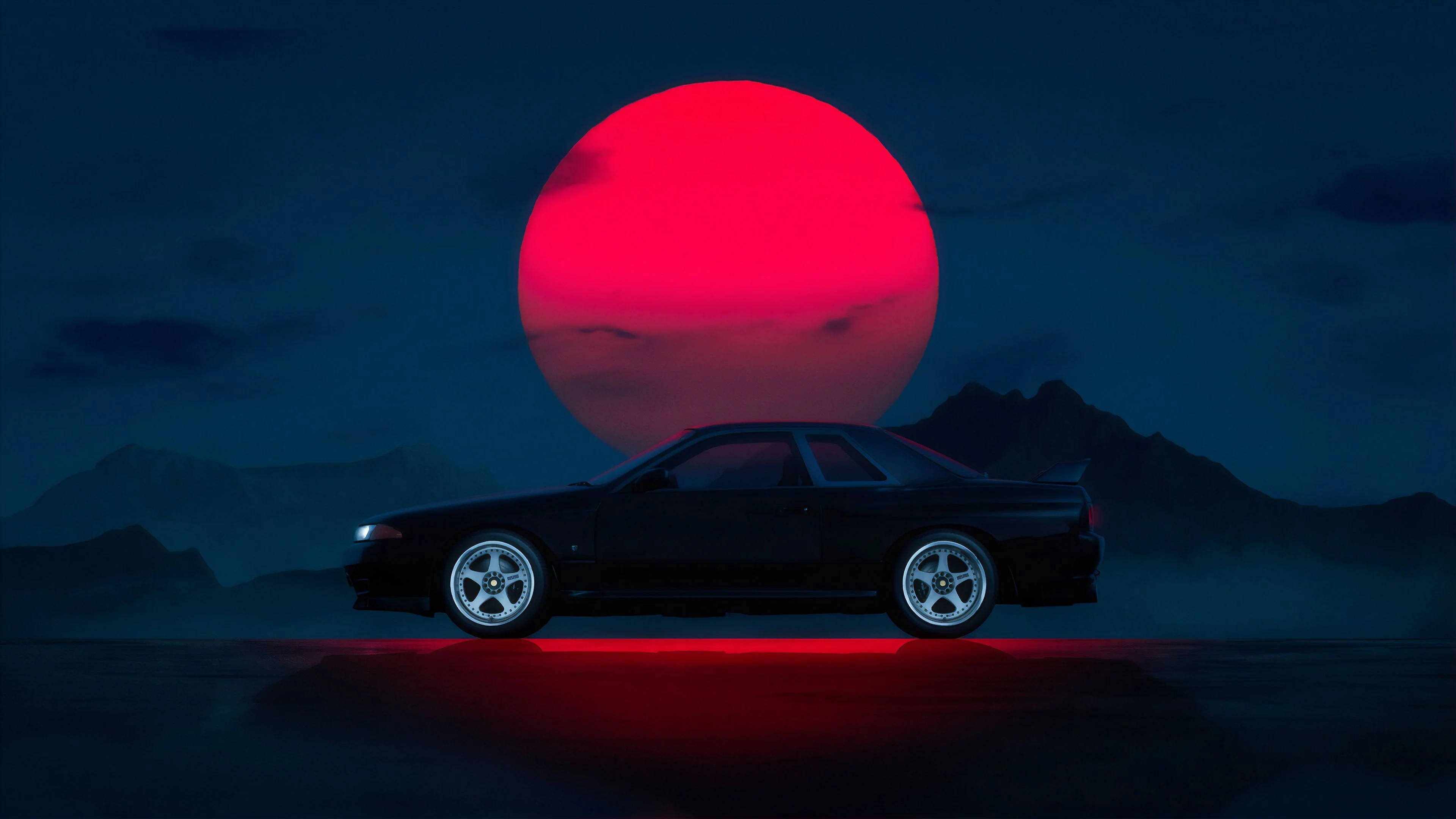 sleek black sports car, glowing red sun, misty mountains, 4K Desktop Wallpaper