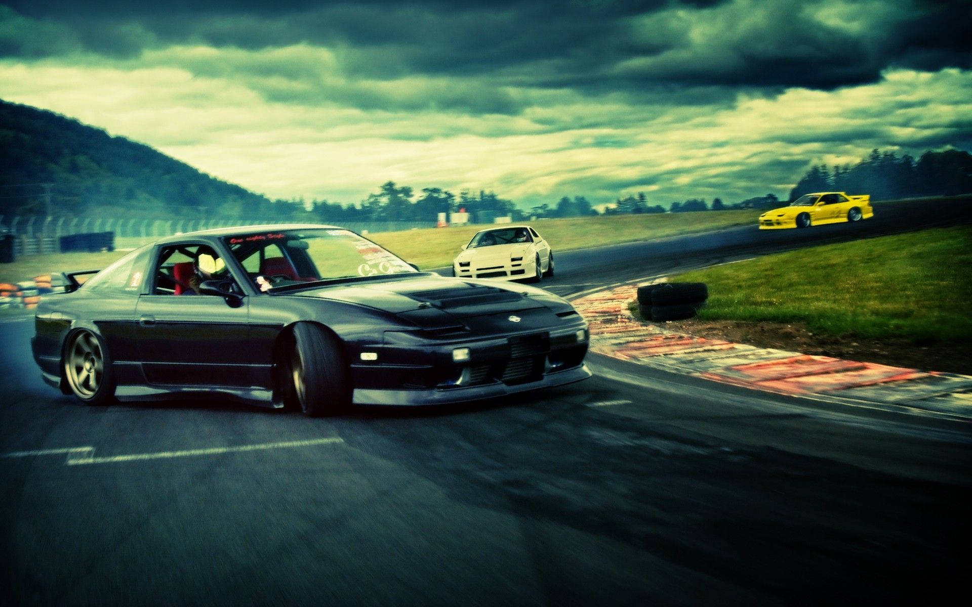JDM Aesthetic, drift car, wet racetrack corner, Full HD Desktop Wallpaper