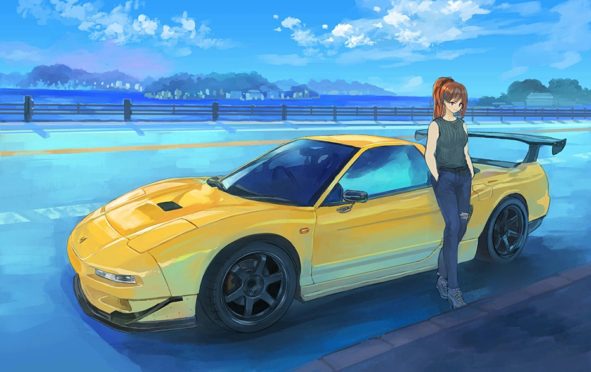 JDM Art, vibrant yellow sports car, girl leaning against it, Full HD Desktop Wallpaper