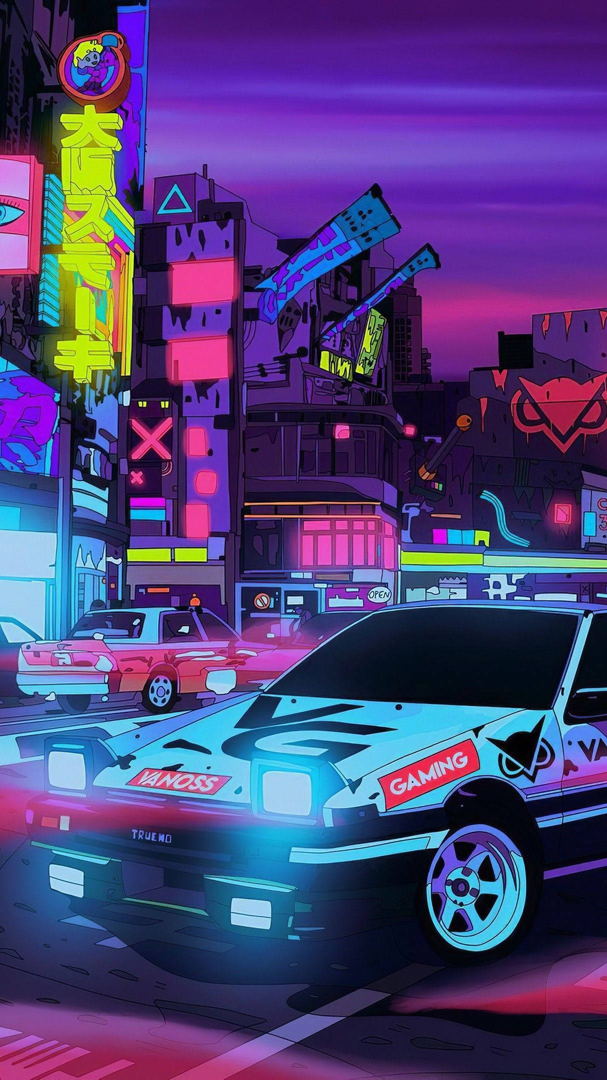 neon-drenched cyberpunk cityscape, dusk, glowing signage, Full HD Phone Wallpaper