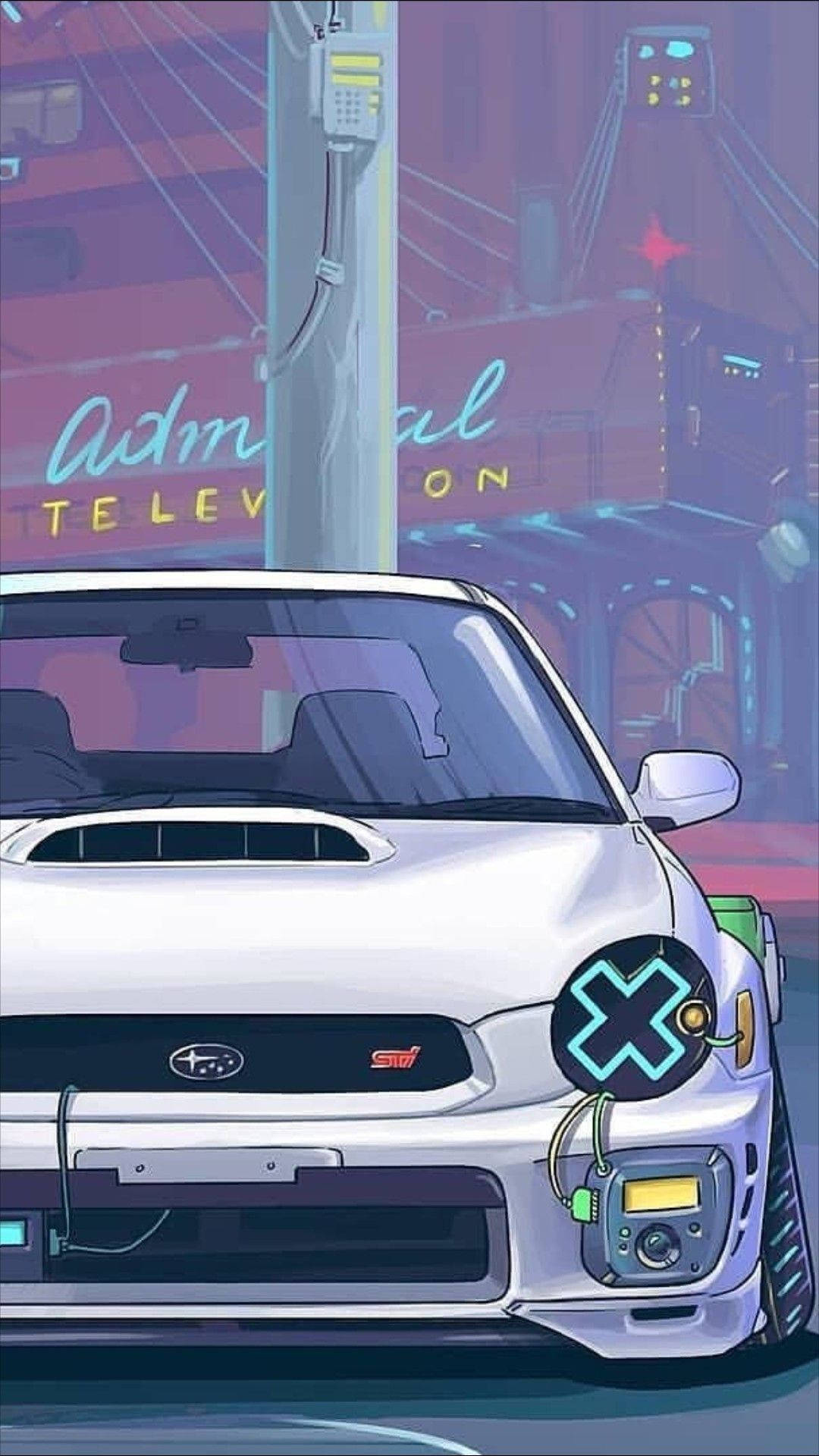 white Subaru STI, glowing neon X emblem, cyberpunk cityscape, Full HD Phone Wallpaper