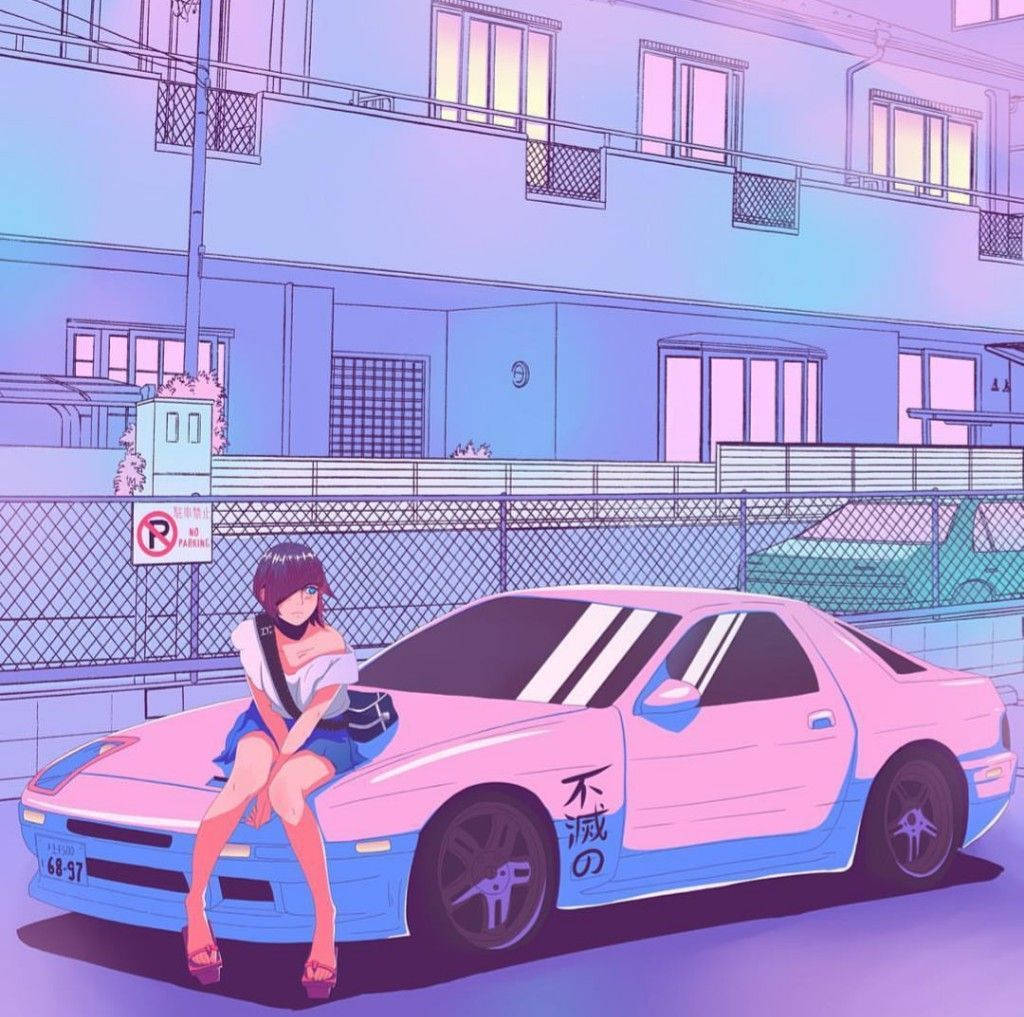 pink and blue sports car, neon-lit urban street, dusk, SD Desktop Wallpaper