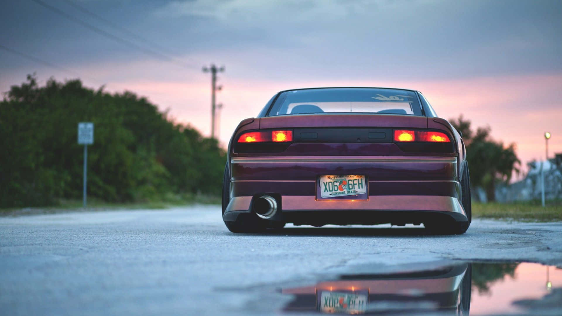 JDM, low purple sports car, glowing red taillights, Full HD Desktop Wallpaper