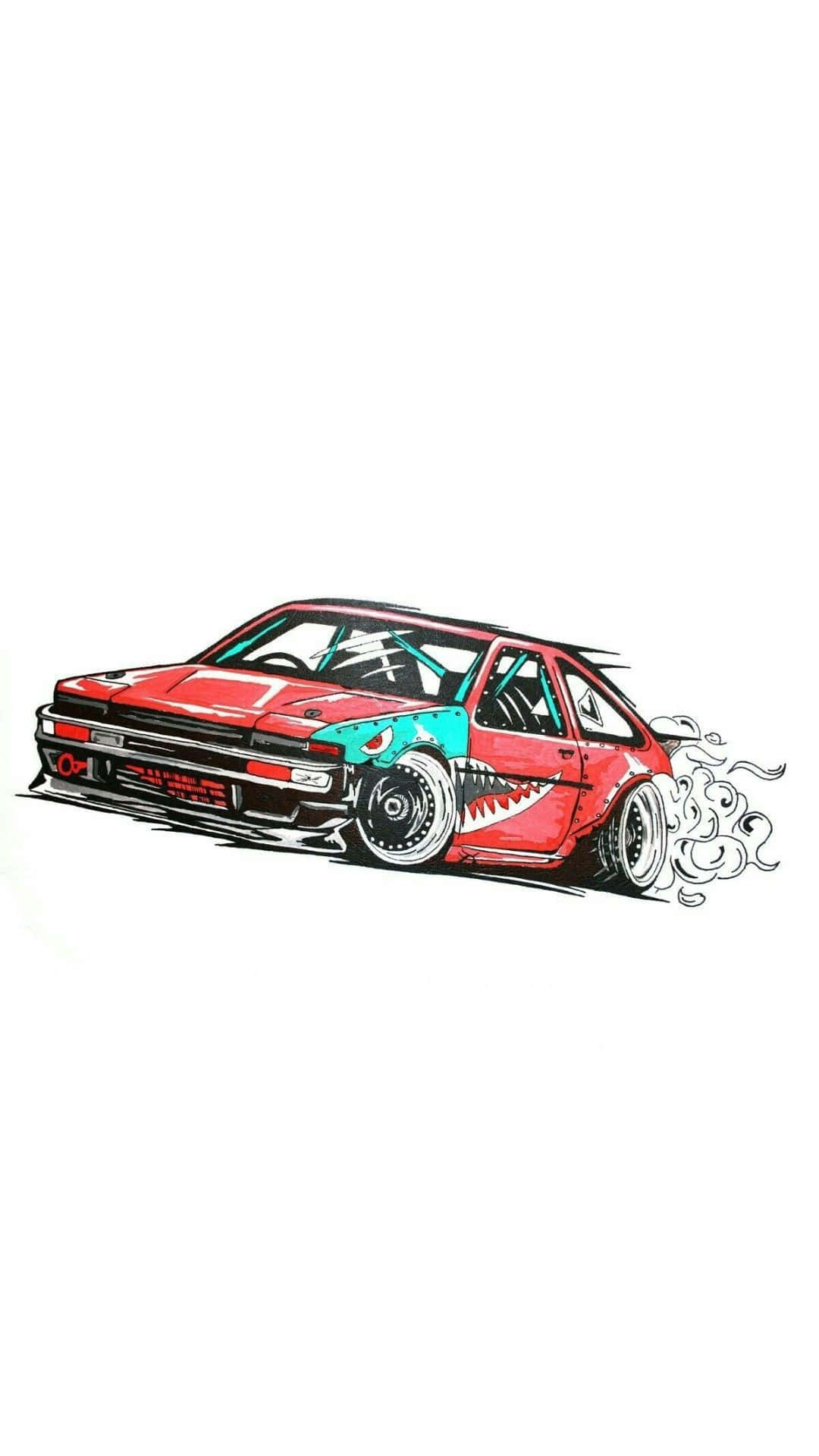 red car, teal, shark mouth design, Full HD Phone Wallpaper