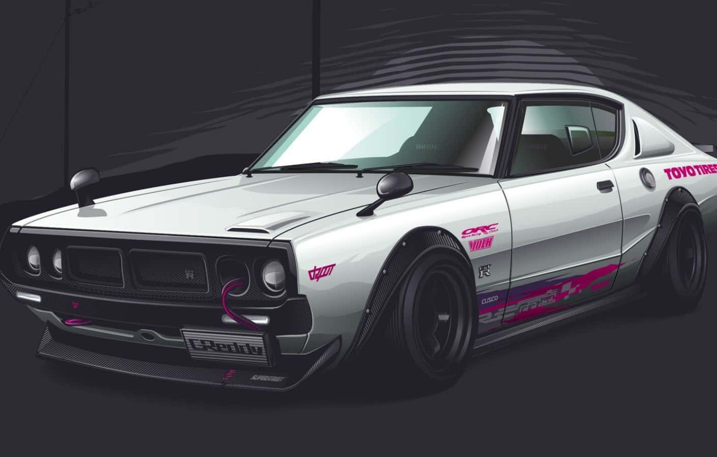 JDM Art, white modified classic sports car, pink racing decals, HD Desktop Wallpaper
