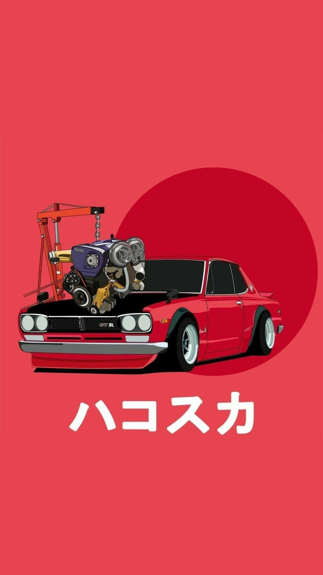 Jdm Art, red classic car, giant engine, Full HD Phone Wallpaper