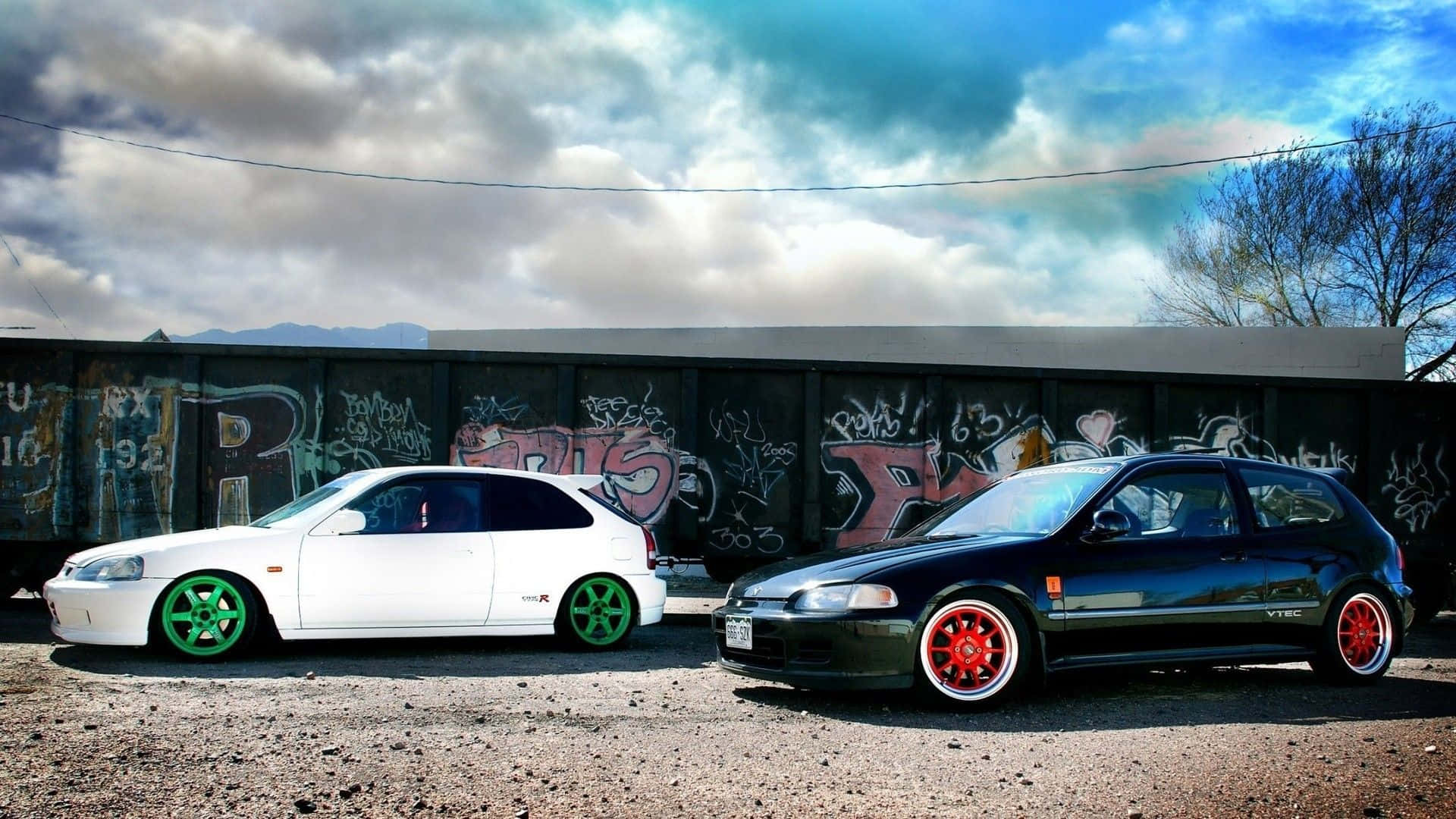 stance jdm, customized hatchbacks, white with green rims, Full HD Desktop Wallpaper