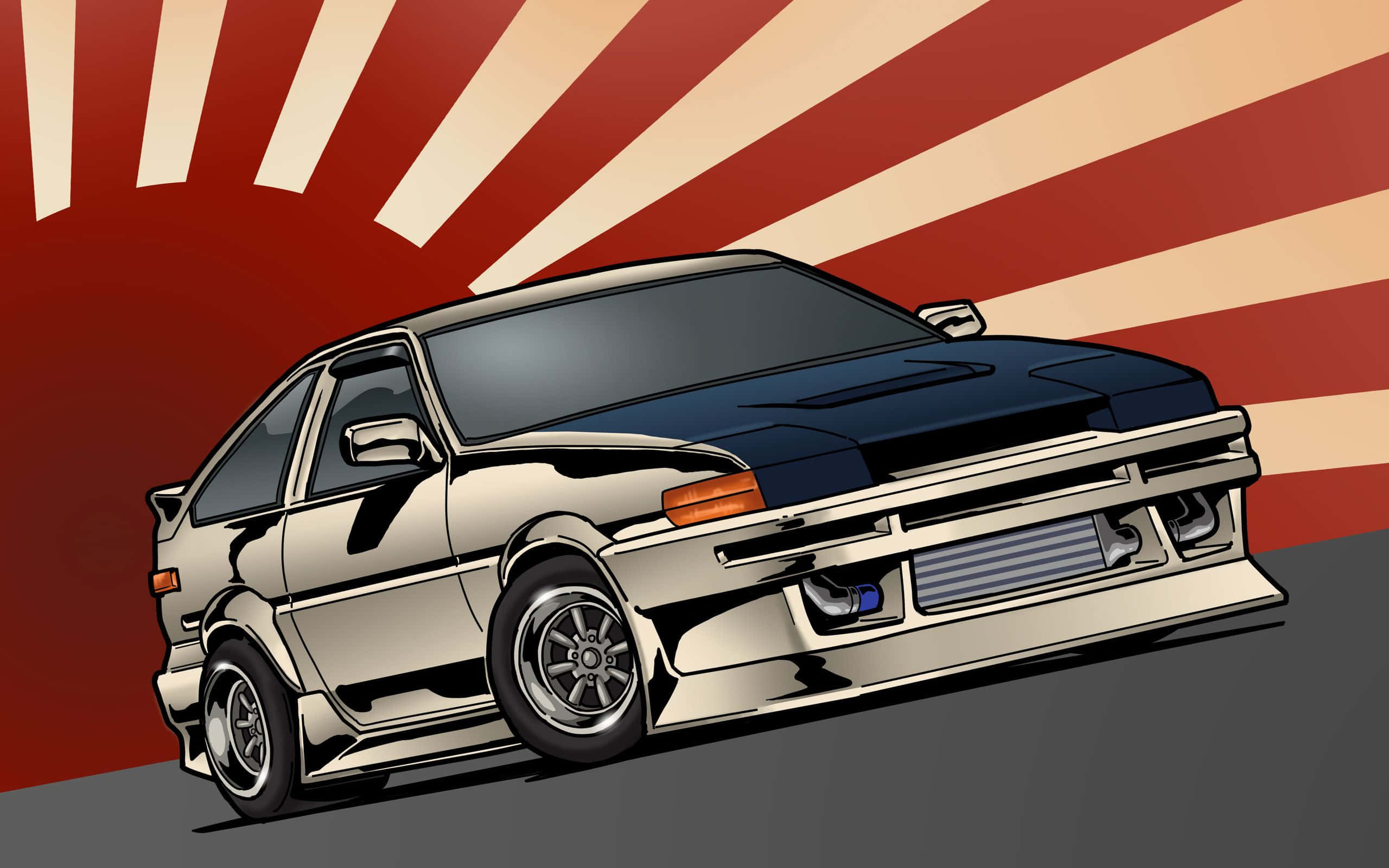 stance jdm, silver modified sports car, bold red and beige sunburst background, 2K Desktop Wallpaper