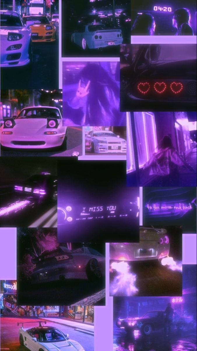 JDM Aesthetic Collage, vibrant purple neon, night city, SD Phone Wallpaper