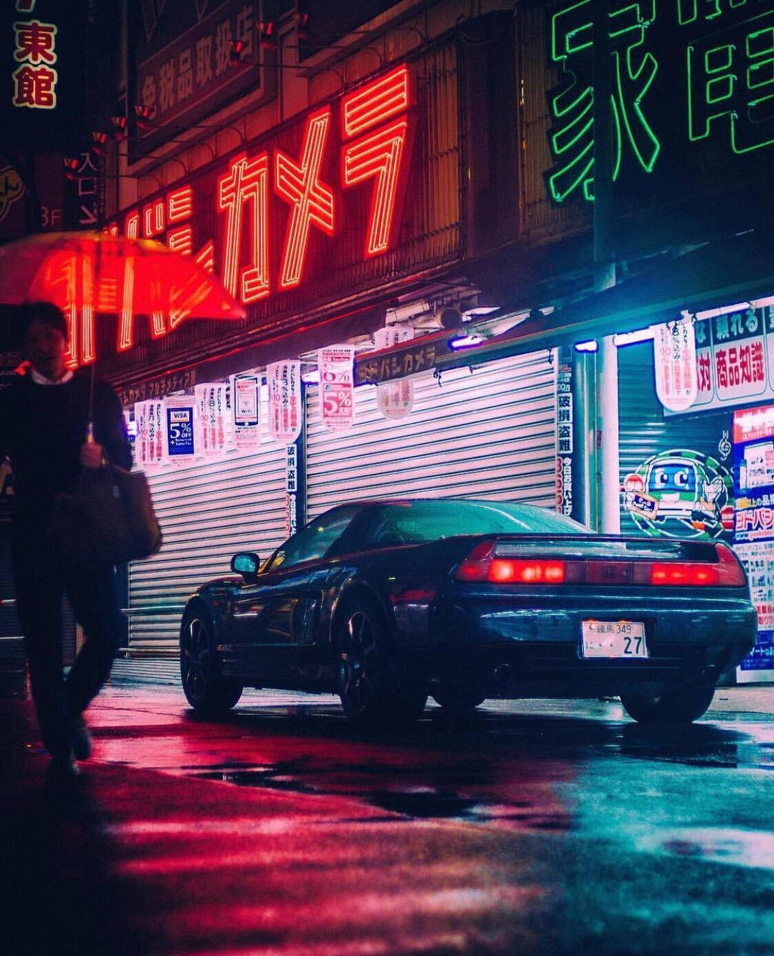 JDM Car, neon-drenched rainy Tokyo street, black sports car, HD Phone Wallpaper