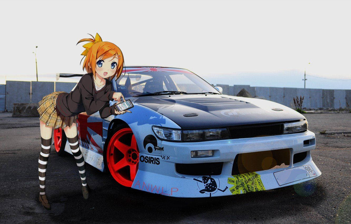 anime girl, orange hair, blue and red drift car, HD Desktop Wallpaper