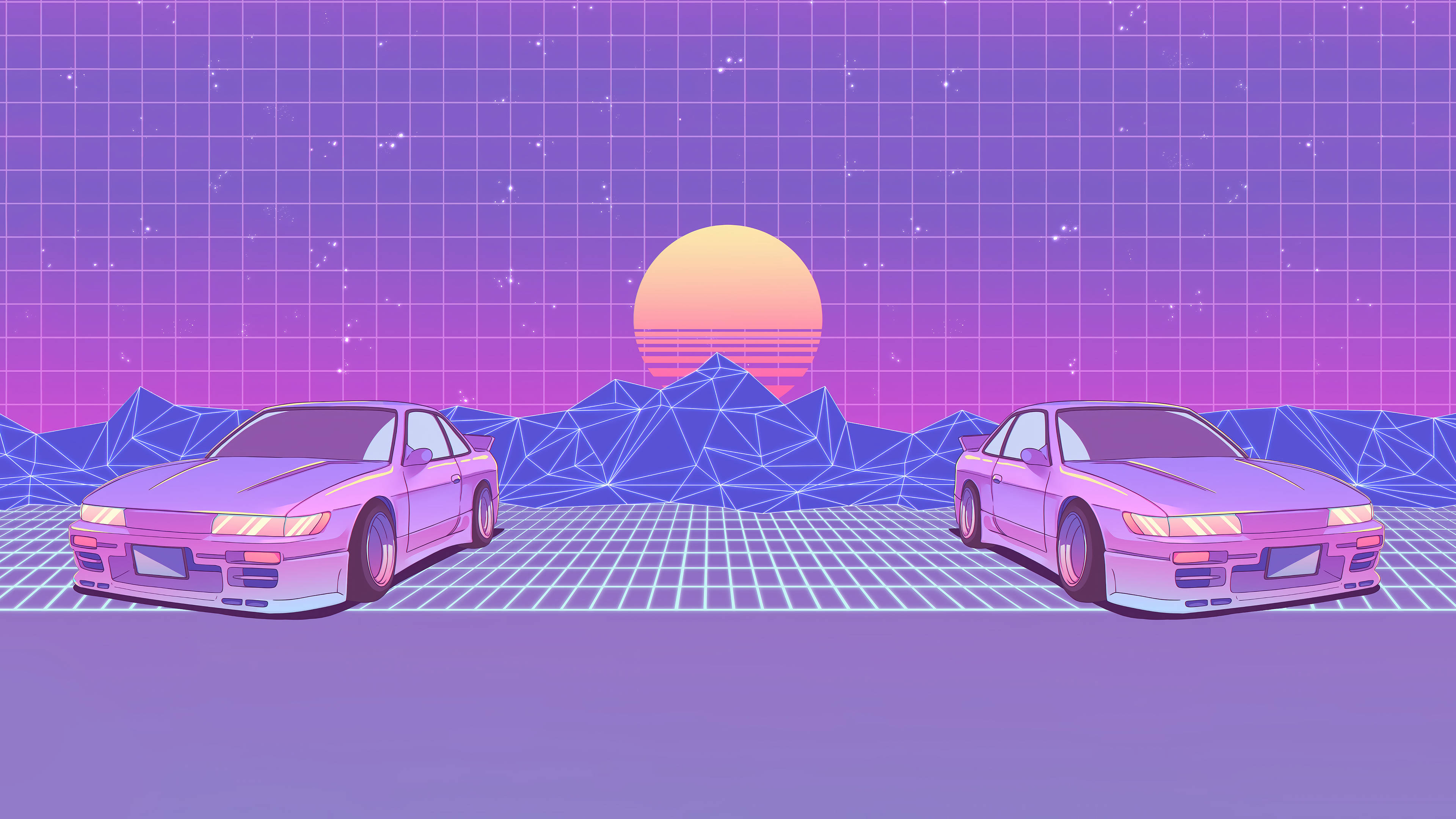 purple jdm car aesthetic, neon pink sports cars, glowing grid, 4K Desktop Wallpaper