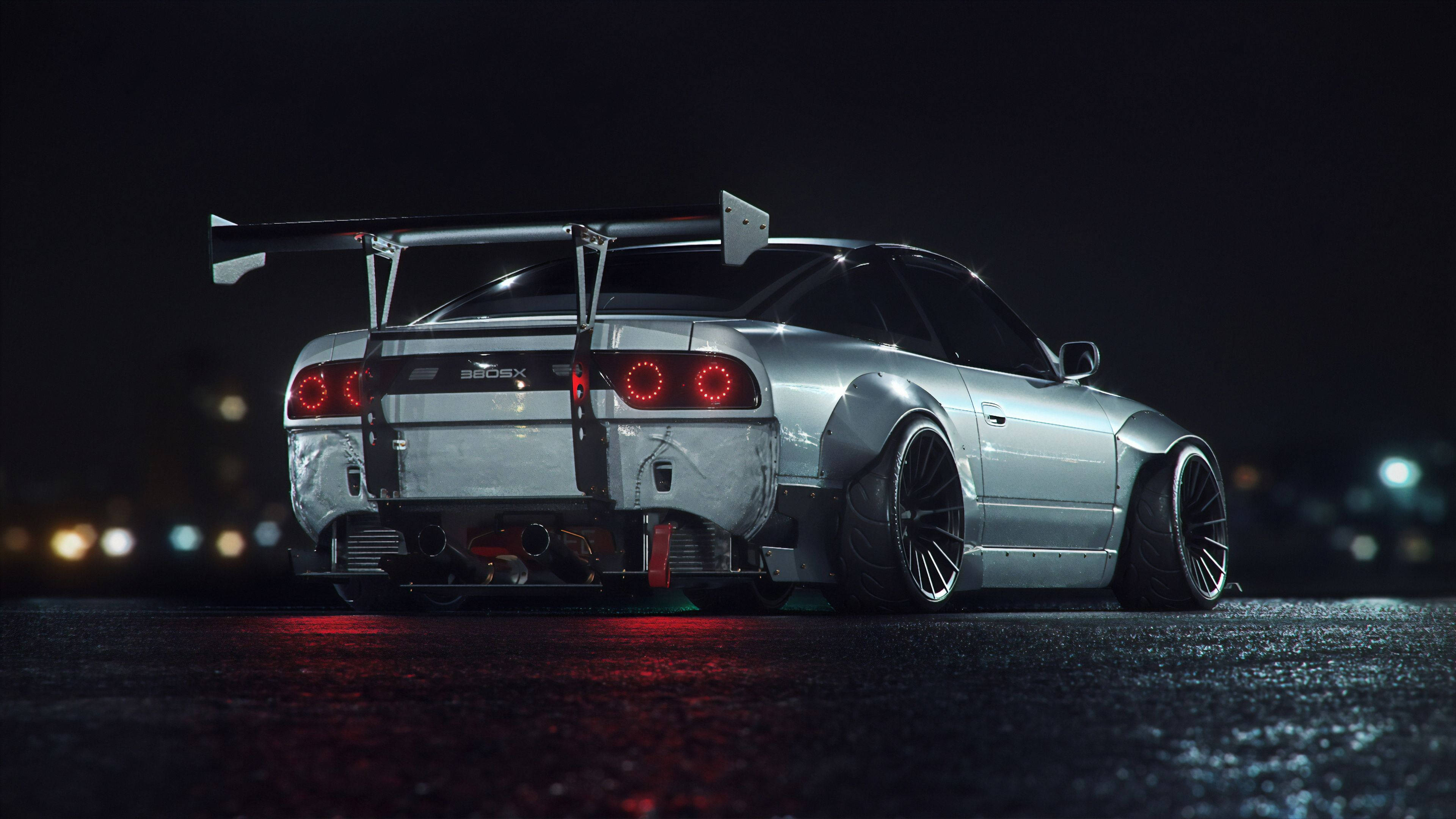white jdm car, night, silver drift car, 4K Desktop Wallpaper
