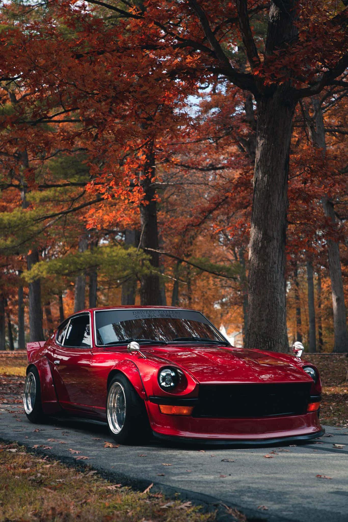 glossy red, classic sports car, vibrant orange autumn trees, Full HD Phone Wallpaper
