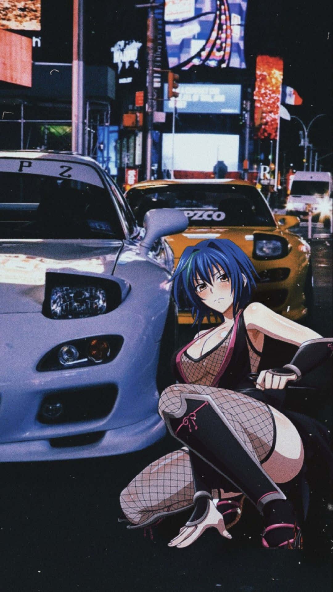 Jdm iPhone, blue-haired anime girl, fishnet stockings, HD Phone Wallpaper