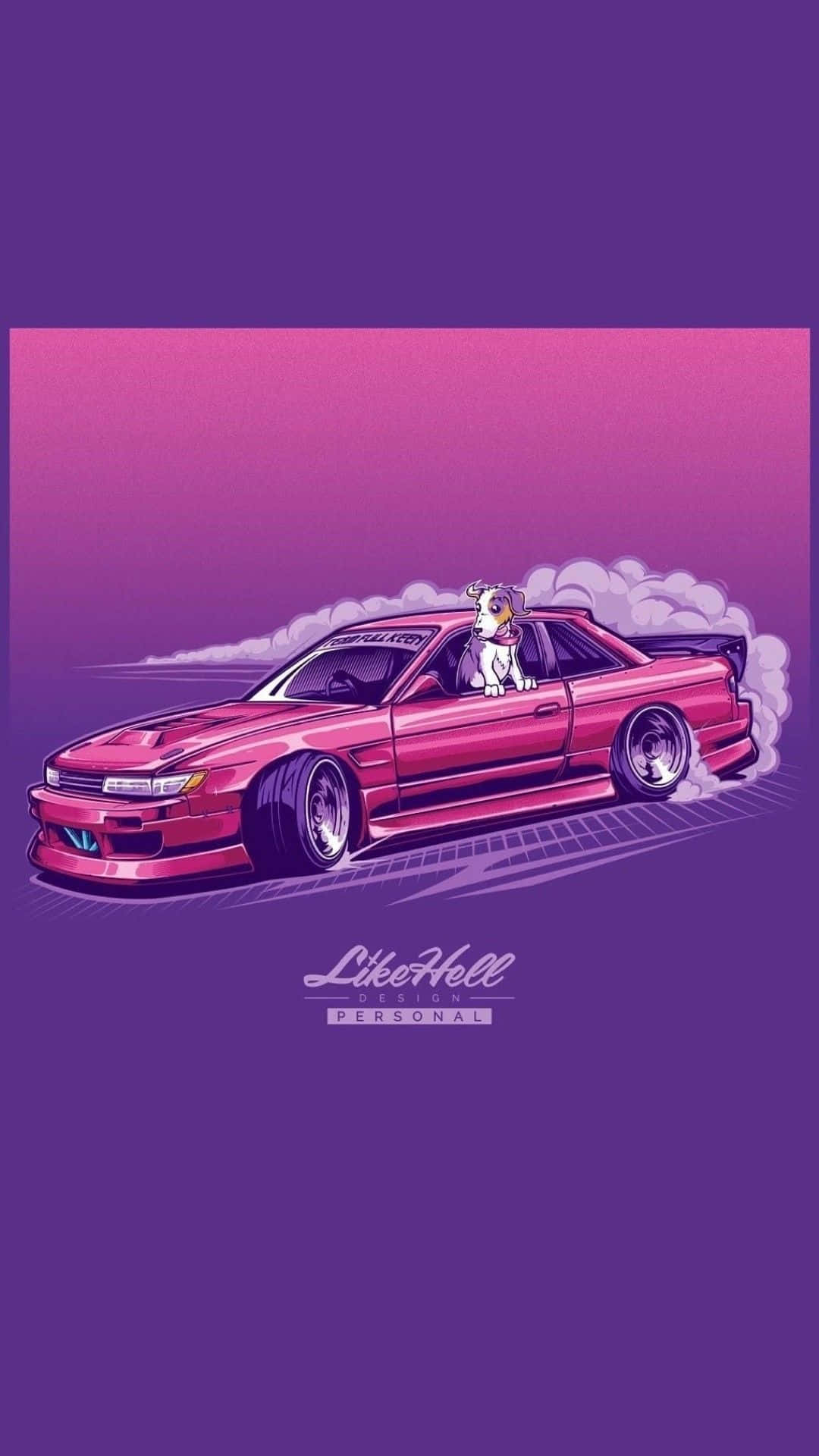Jdm iPhone, pink drift car, dog in passenger seat, Full HD Phone Wallpaper