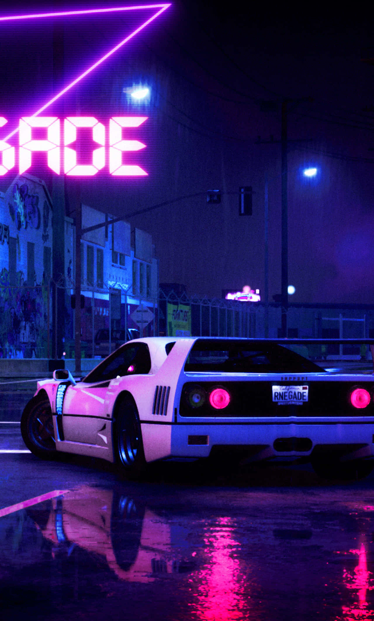 neon pink, neon blue, wet city street, Full HD Phone Wallpaper