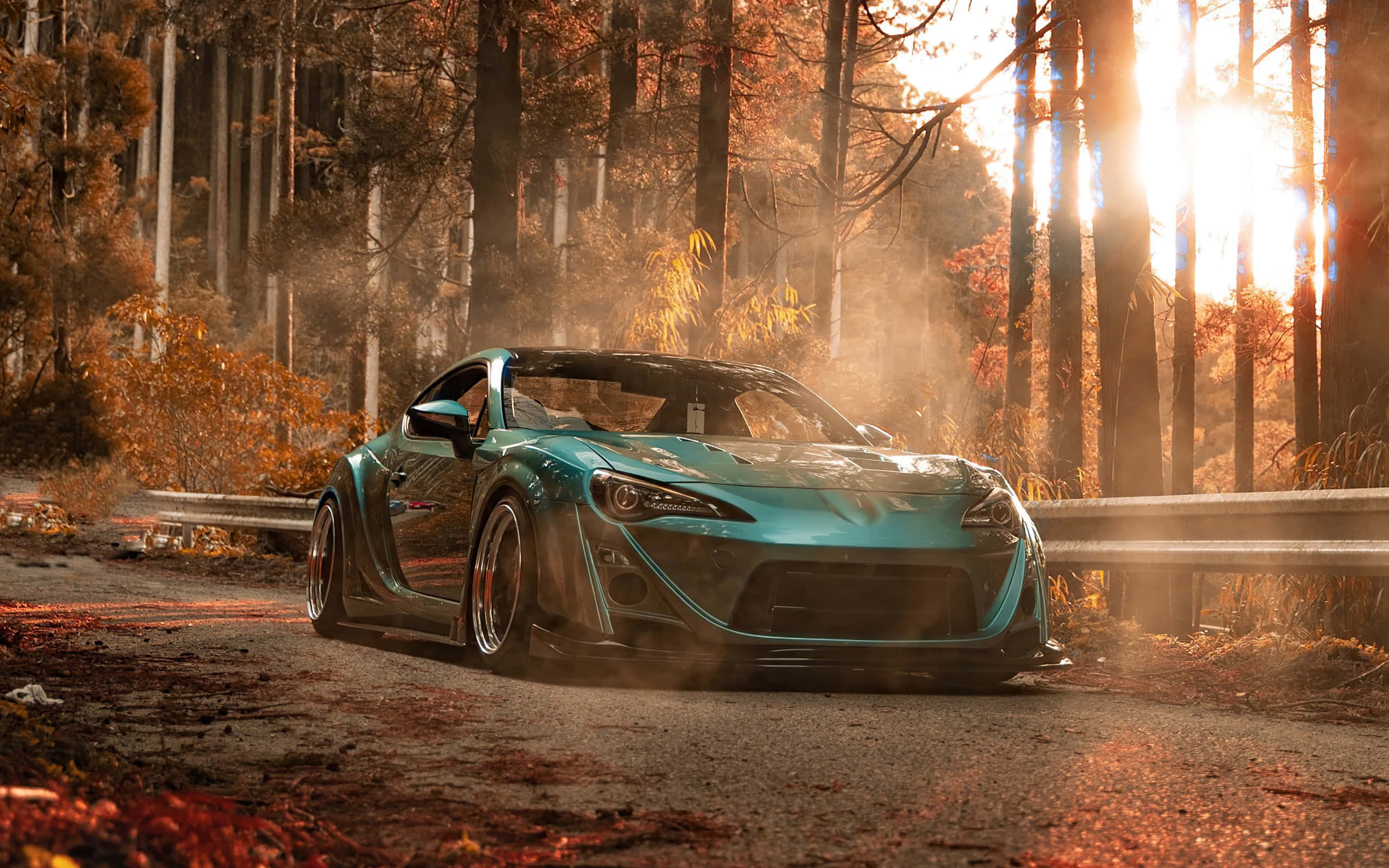 JDM Supra, teal sports car, sunlit autumn forest, 2K Desktop Wallpaper