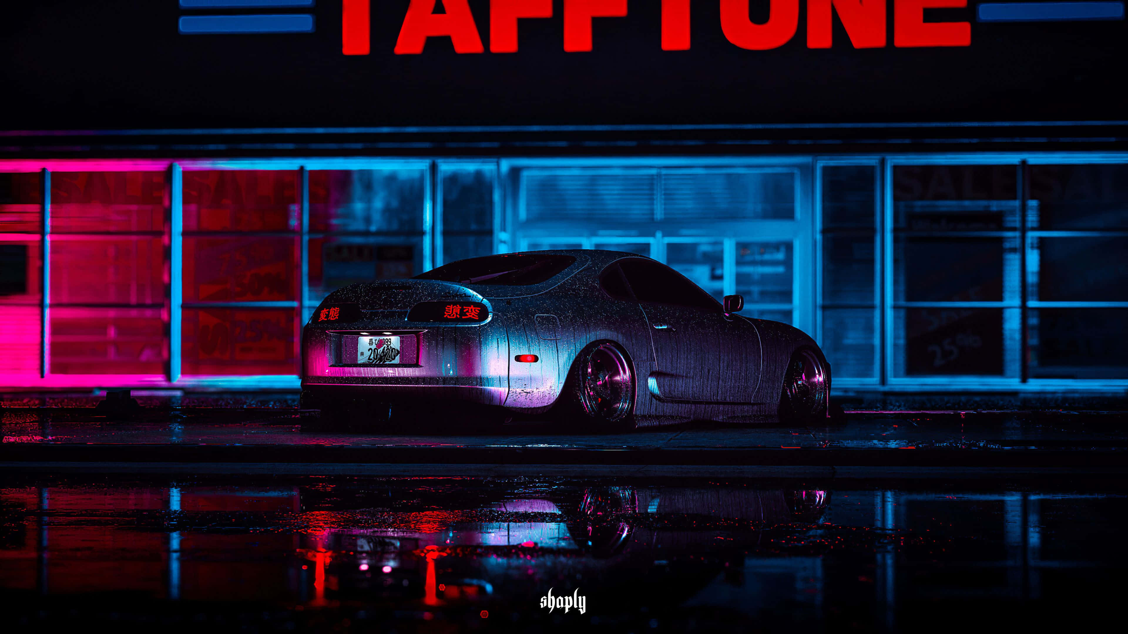 JDM Supra, silver, neon pink and blue lights, 4K Desktop Wallpaper