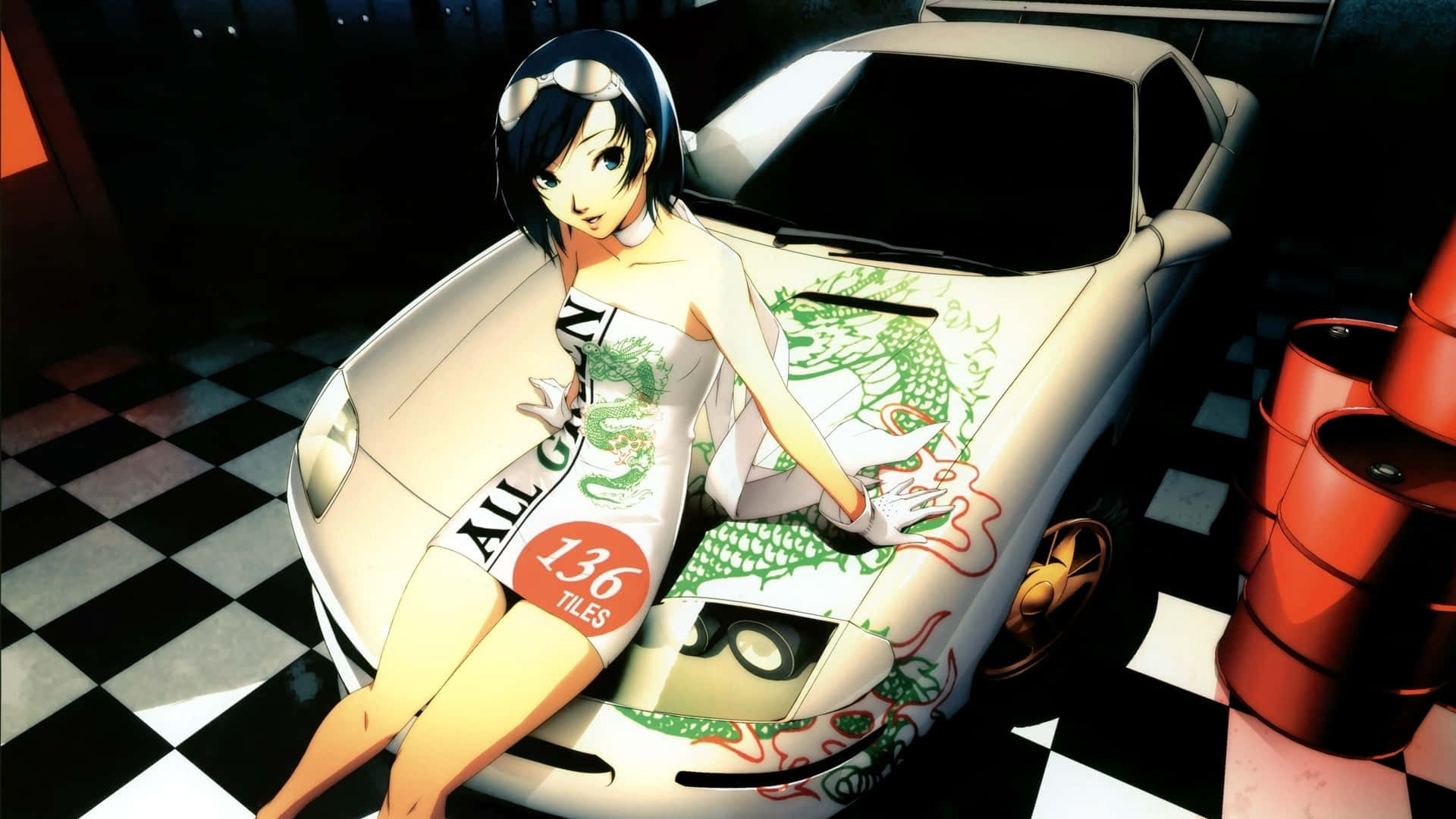 anime girl, racing outfit, white sports car, Full HD Desktop Wallpaper