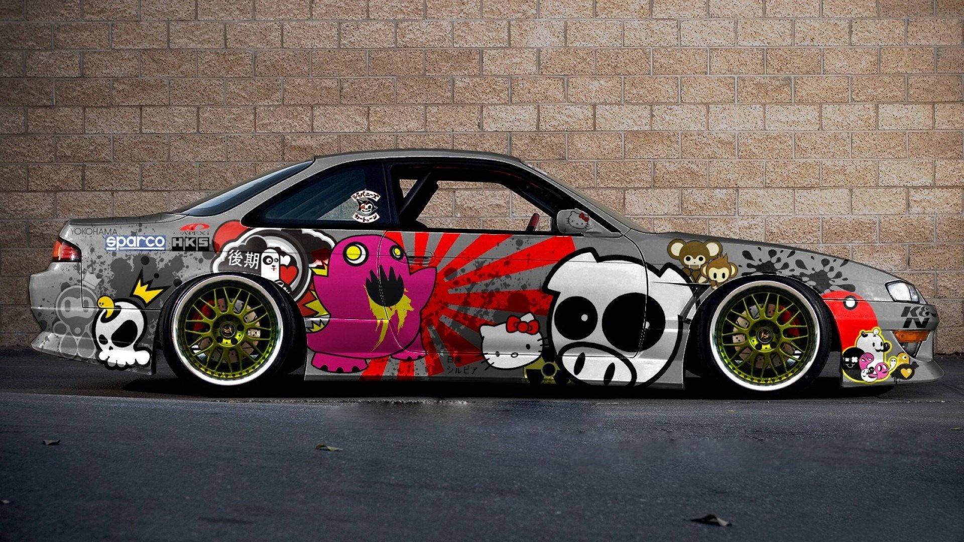 graffiti-covered drift car, cartoon characters, bold red accents, Full HD Desktop Wallpaper