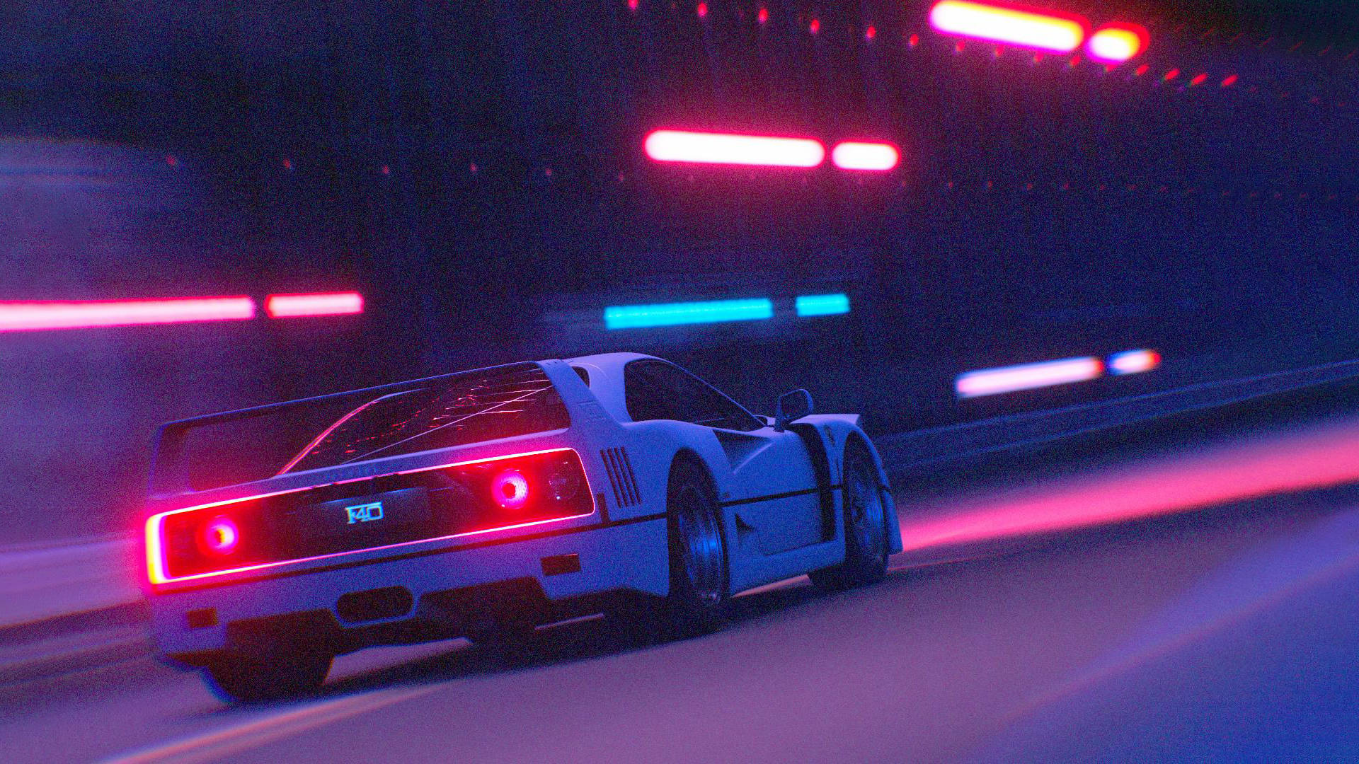 JDM, white sports car, neon-drenched night street, Full HD Desktop Wallpaper