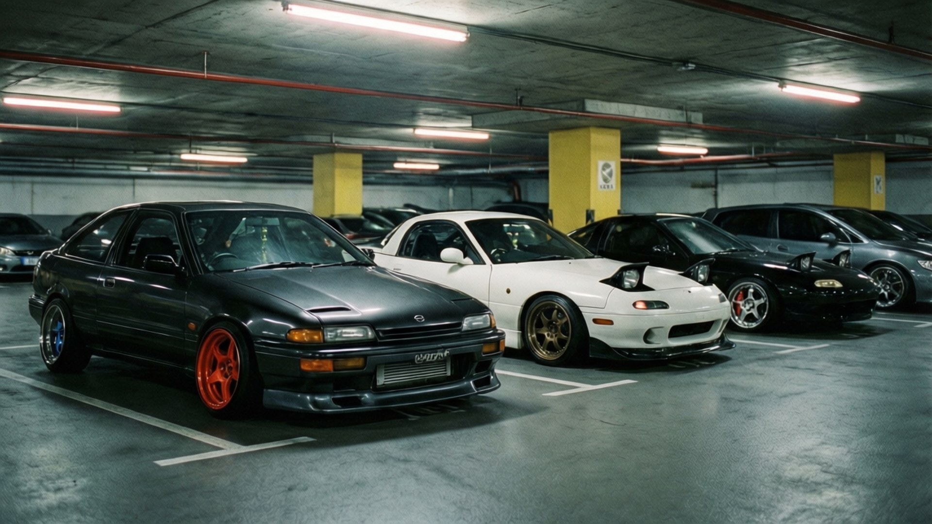 JDM, underground garage, fluorescent lighting, Full HD Desktop Wallpaper