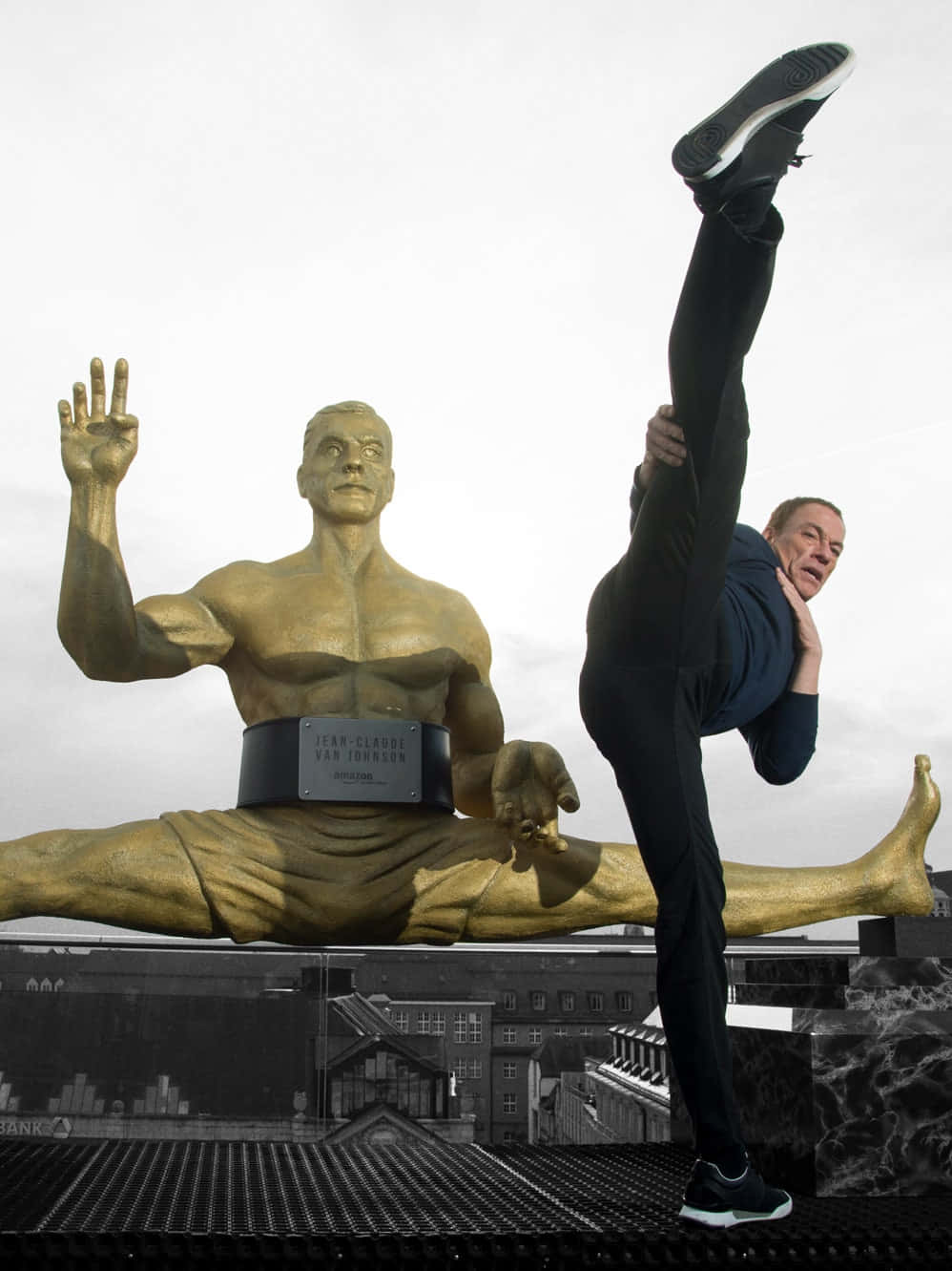 Jean-Claude Van Damme, giant golden statue, cityscape, HD Phone Wallpaper