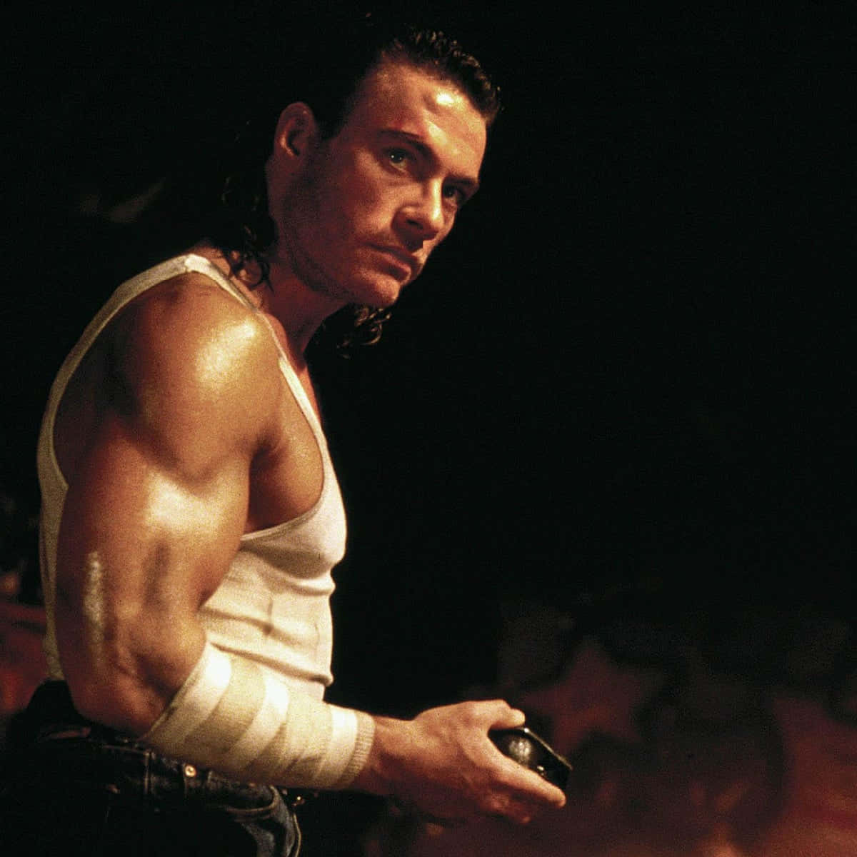 Jean Claude Van Damme, white tank top, arm wrap, SD Desktop Wallpaper