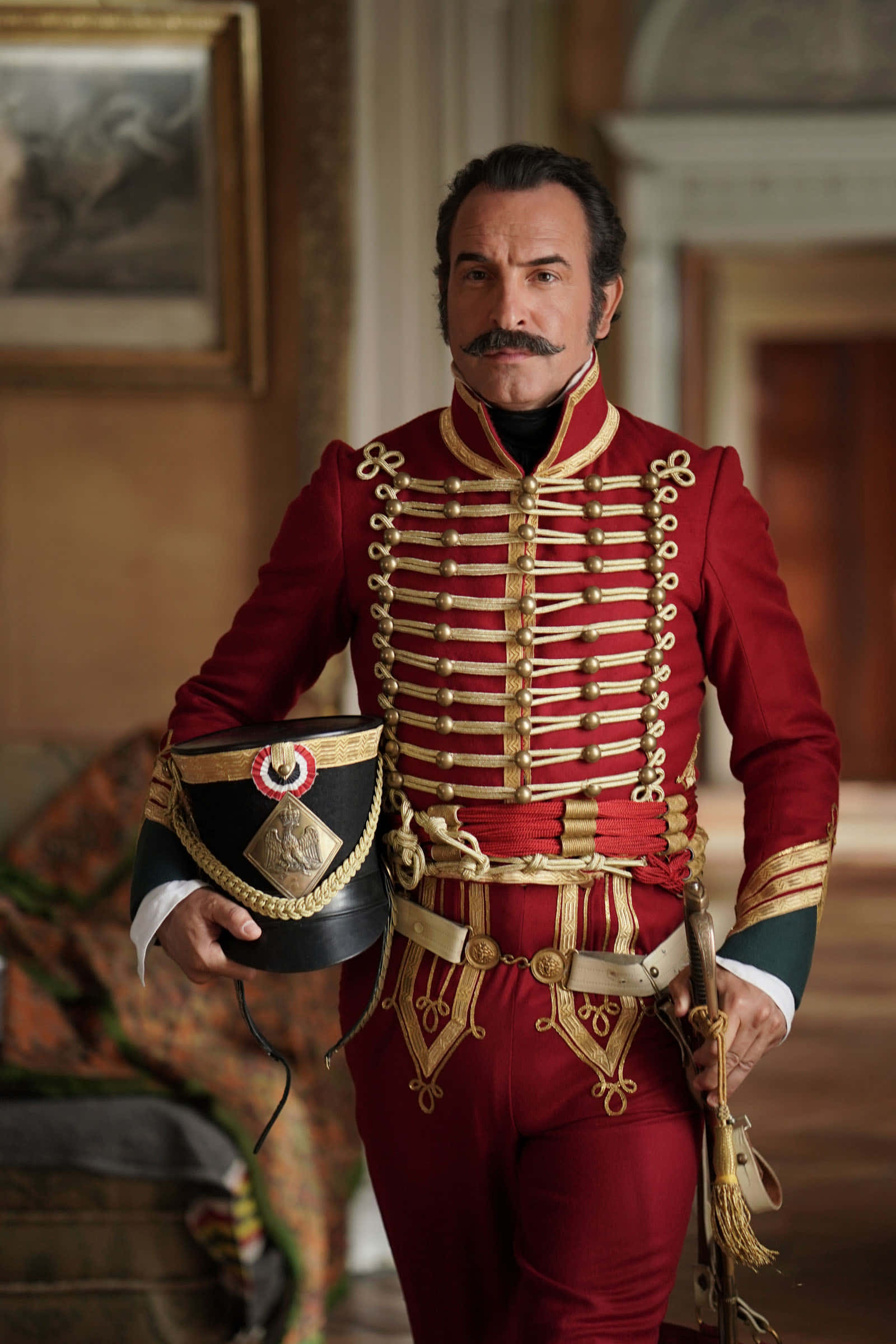 Jean Dujardin, red and gold military uniform, hat, Full HD Phone Wallpaper