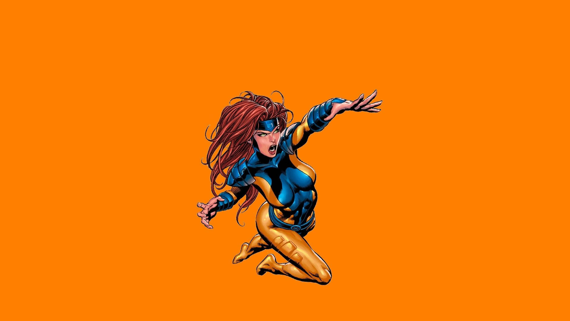 Jean Grey, red hair, blue gold suit, Full HD Desktop Wallpaper