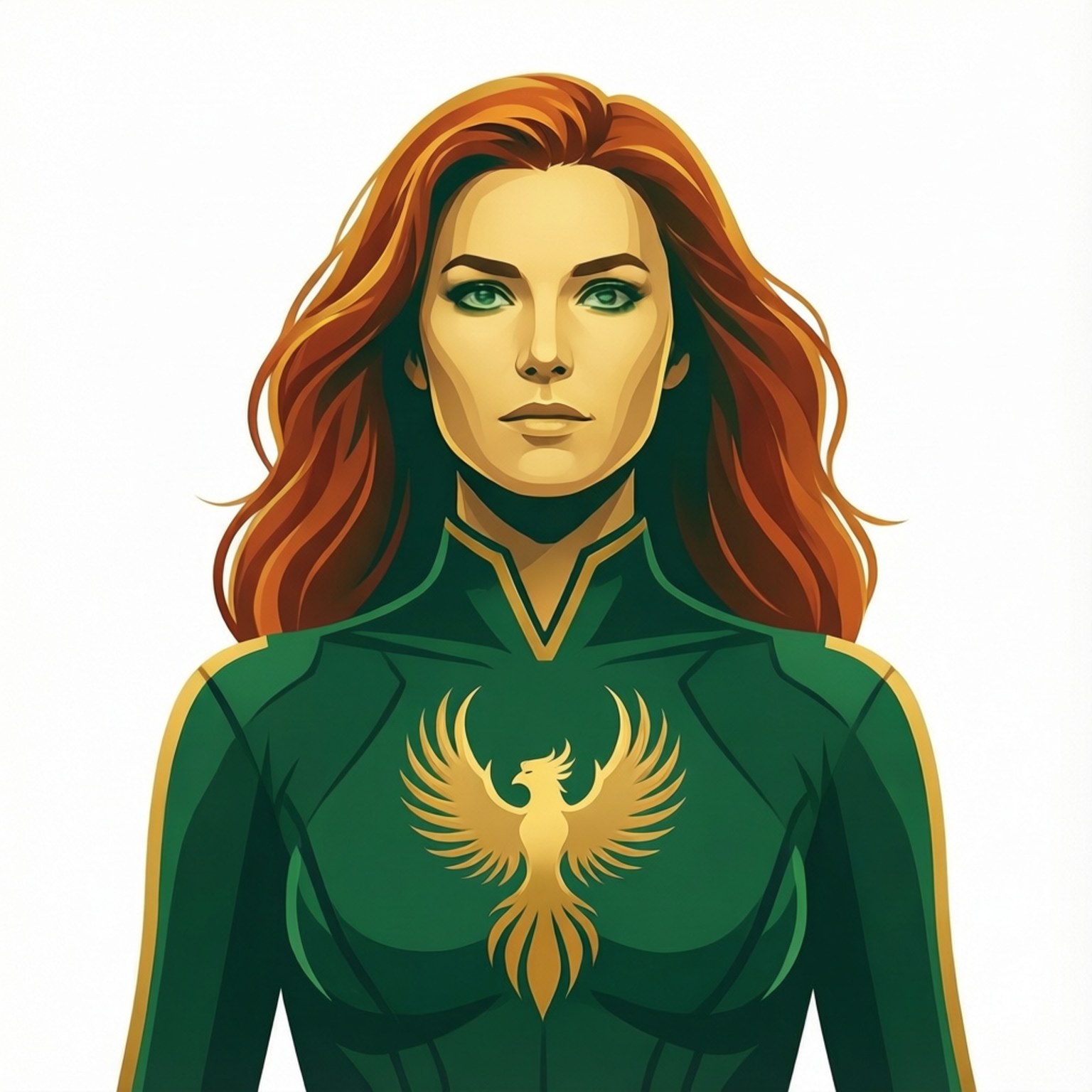 Jean Grey, green superhero suit, golden phoenix emblem, HD Desktop Wallpaper