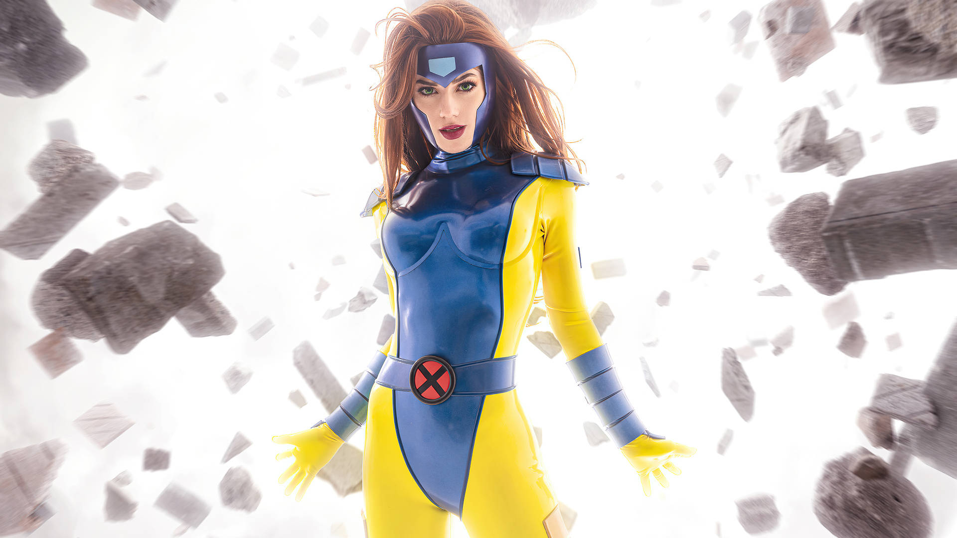 Jean Grey, blue and yellow suit, floating debris, Full HD Desktop Wallpaper
