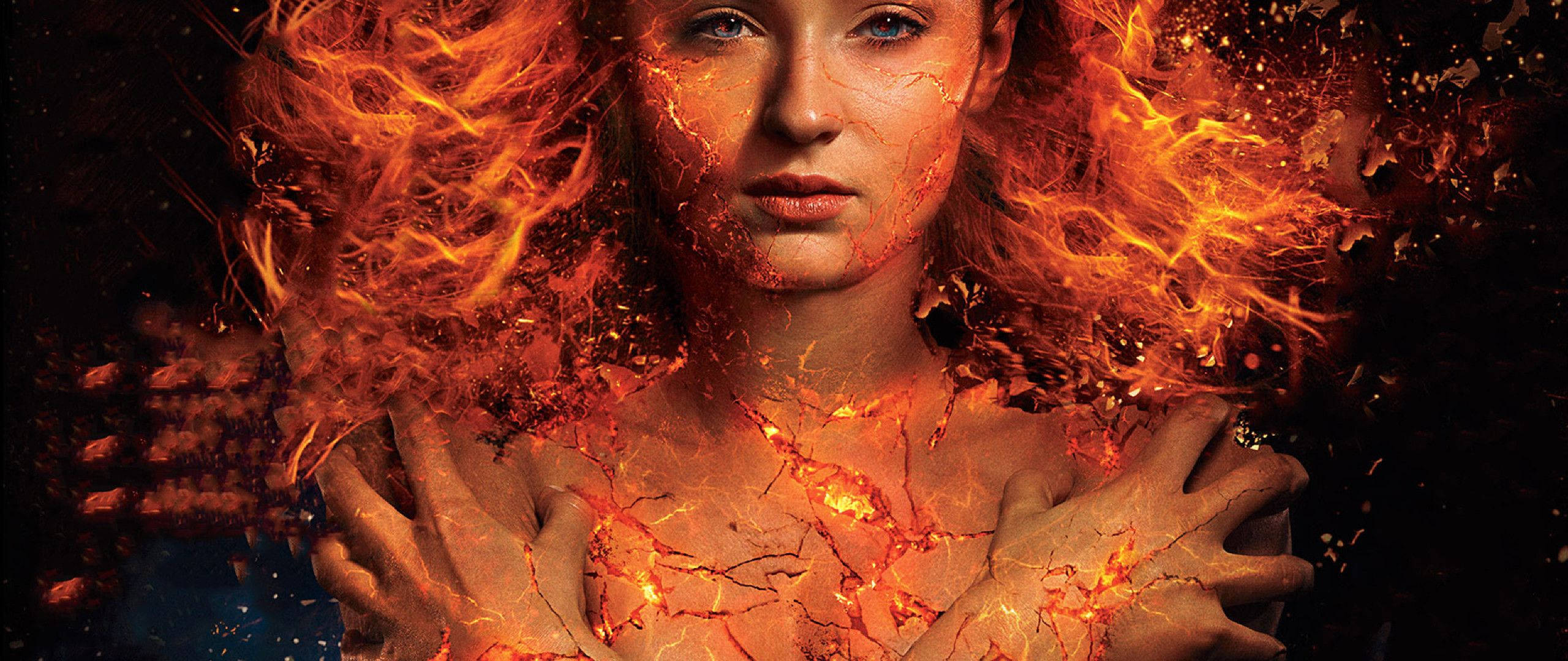 Jean Grey, glowing orange lava cracks, dark background, 2K Desktop Wallpaper