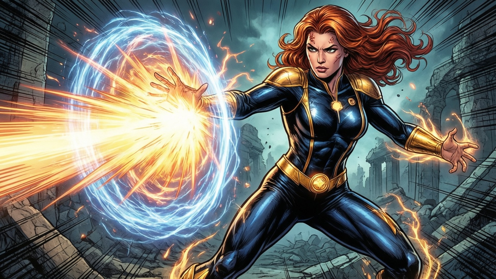 Jean Grey, blue and gold suit, fierce red-haired superheroine, Full HD Desktop Wallpaper