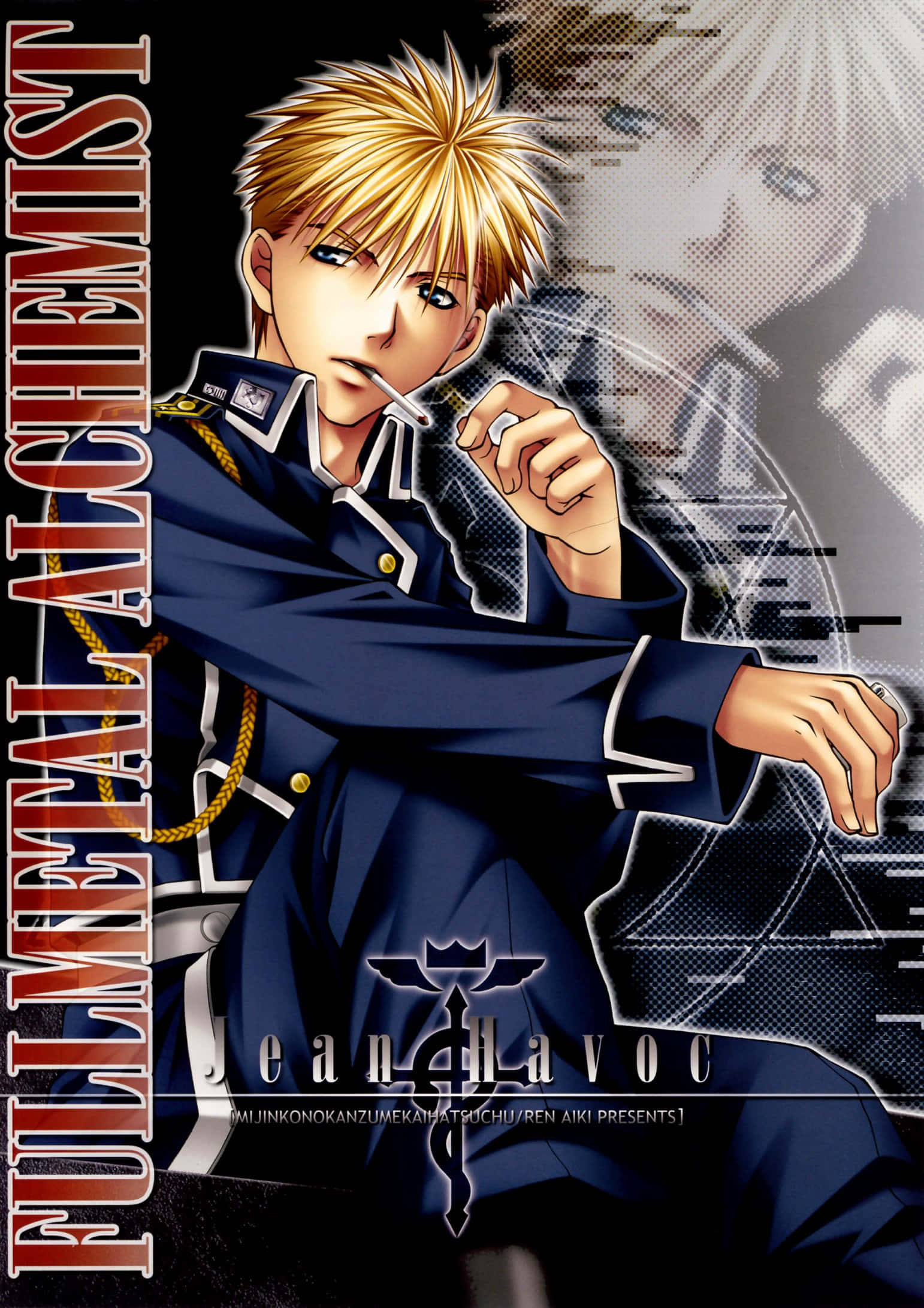 Jean Havoc, dark blue military uniform, glitchy background, Full HD Phone Wallpaper