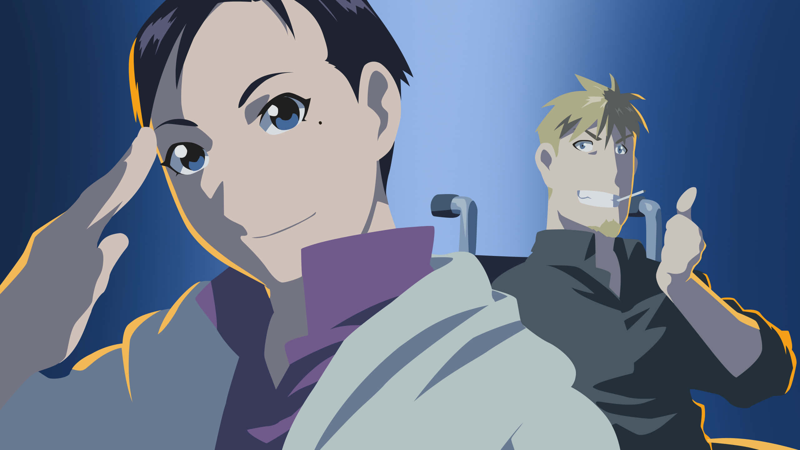 Jean Havoc, anime characters, gradient blue background, 2K Desktop Wallpaper