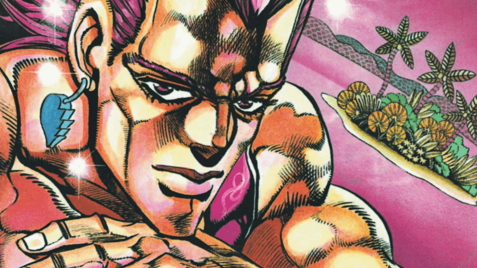 Jean Pierre Polnareff, heart tattoo, vibrant pink background, Full HD Desktop Wallpaper