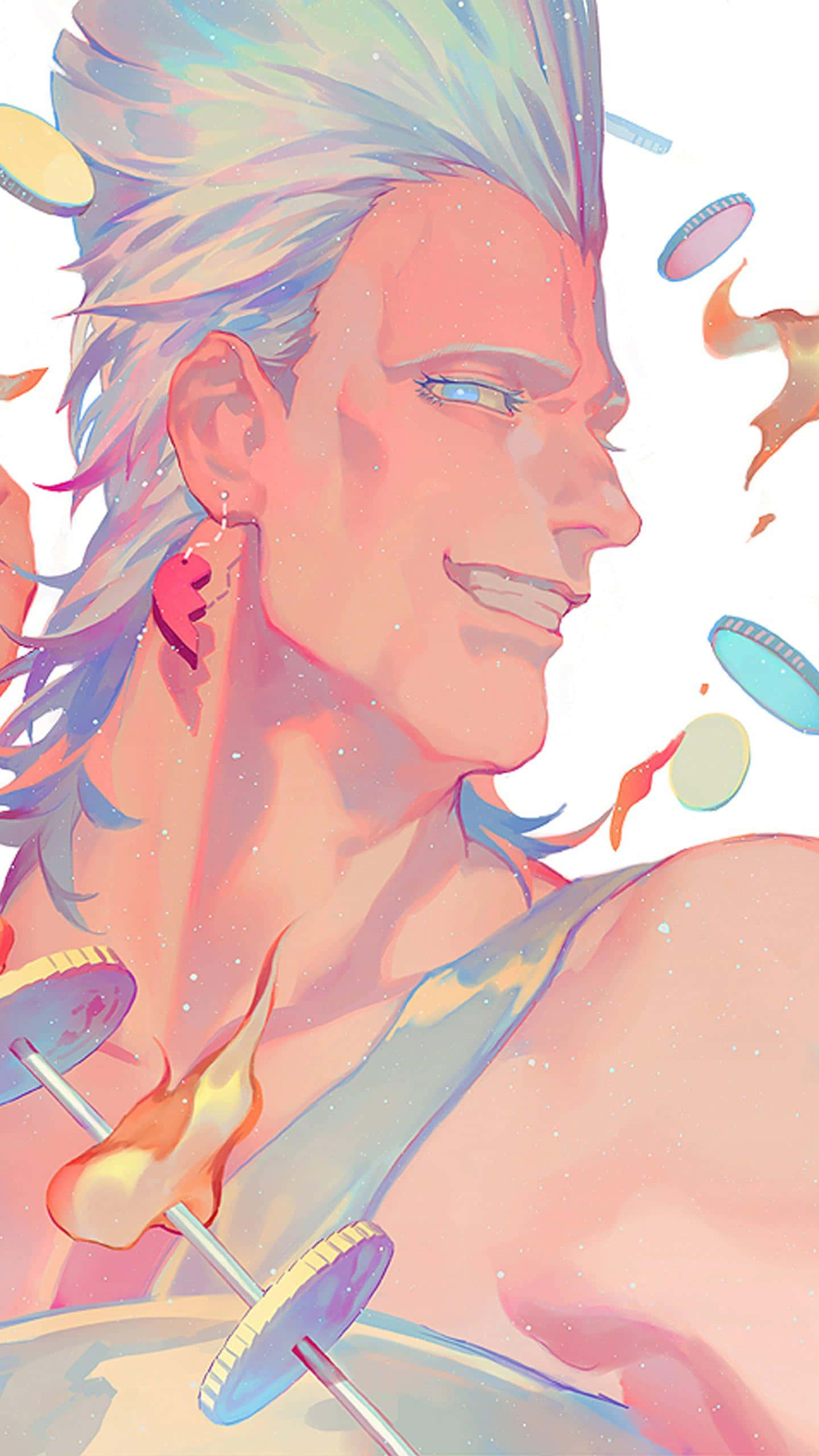 Jean Pierre Polnareff, spiky multicolored hair, floating bottle caps, 2K Phone Wallpaper