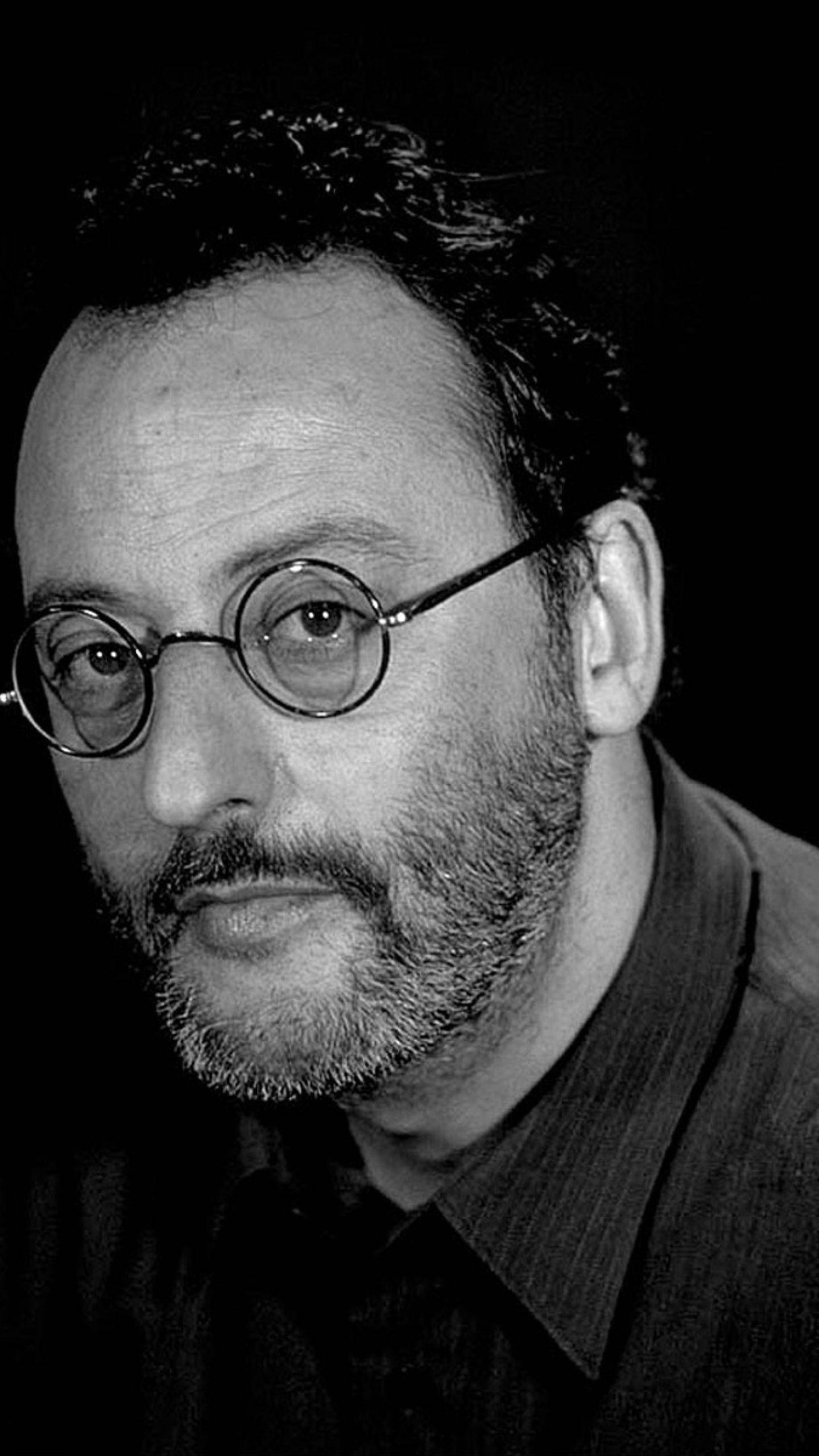 Jean Reno, black and white portrait, round glasses, 2K Phone Wallpaper