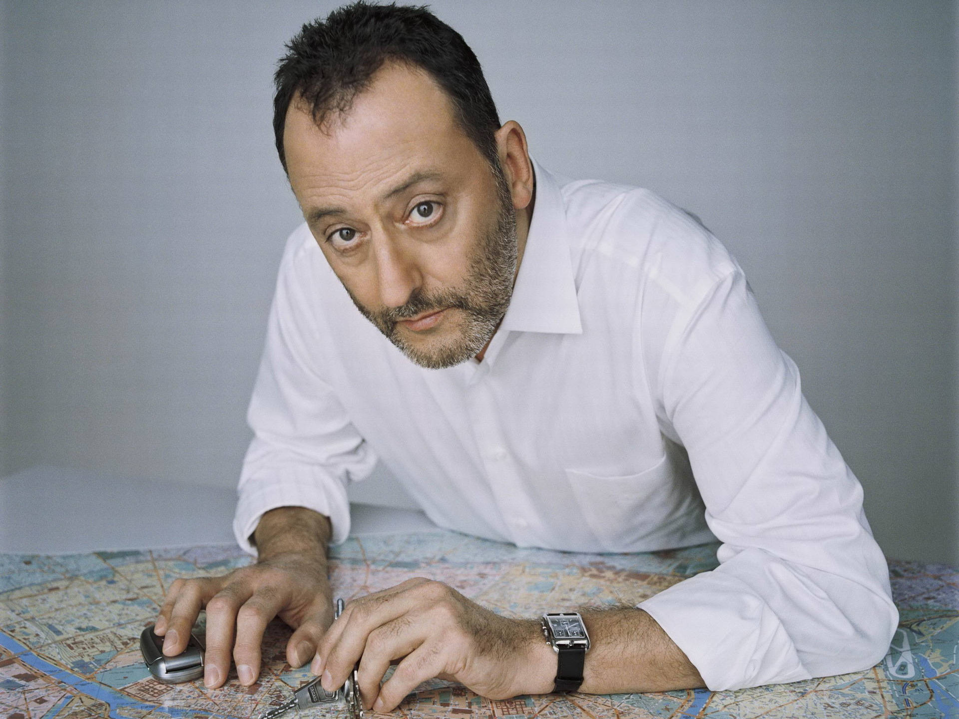 Jean Reno, white shirt, map, Full HD Desktop Wallpaper