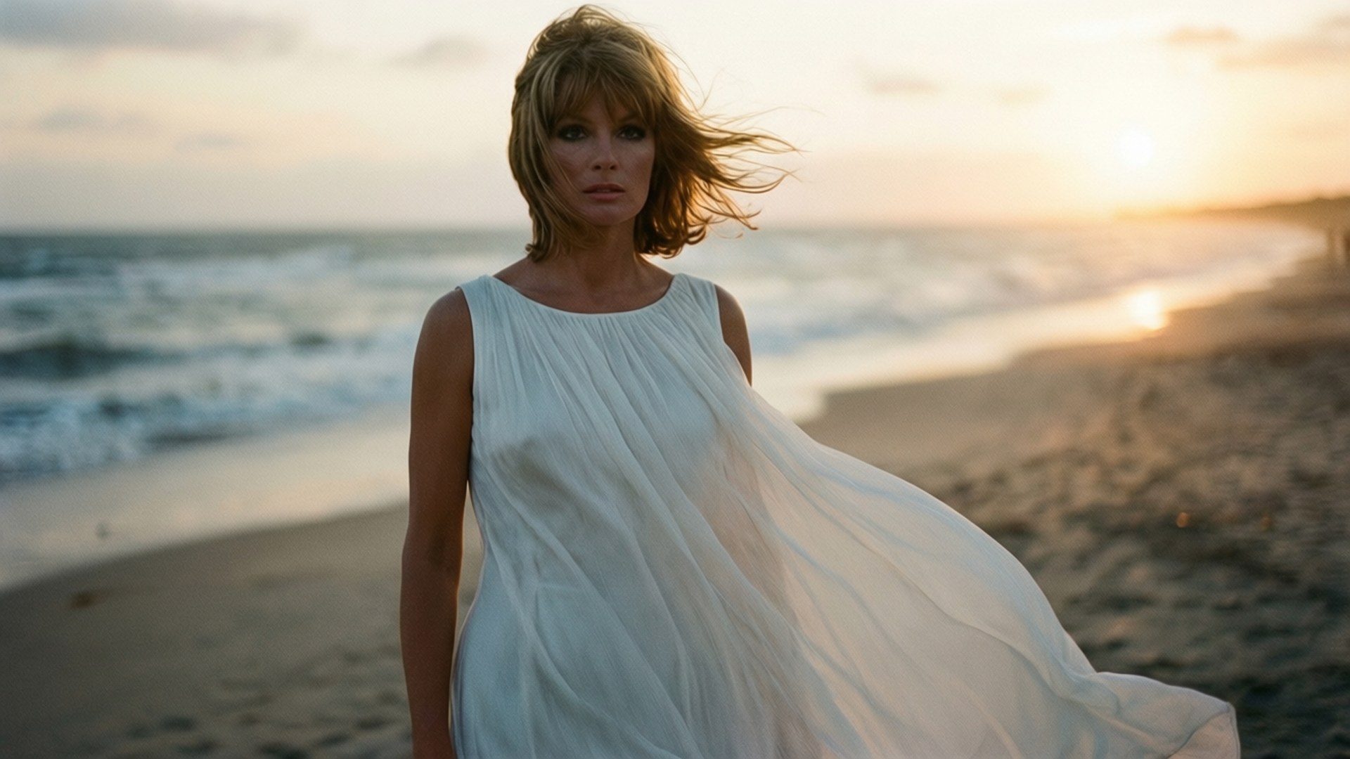 Jean Shrimpton, beach, sunset, Full HD Desktop Wallpaper