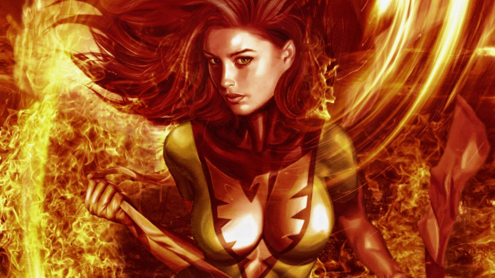 Jean Grey, red hair, golden flames, Full HD Desktop Wallpaper