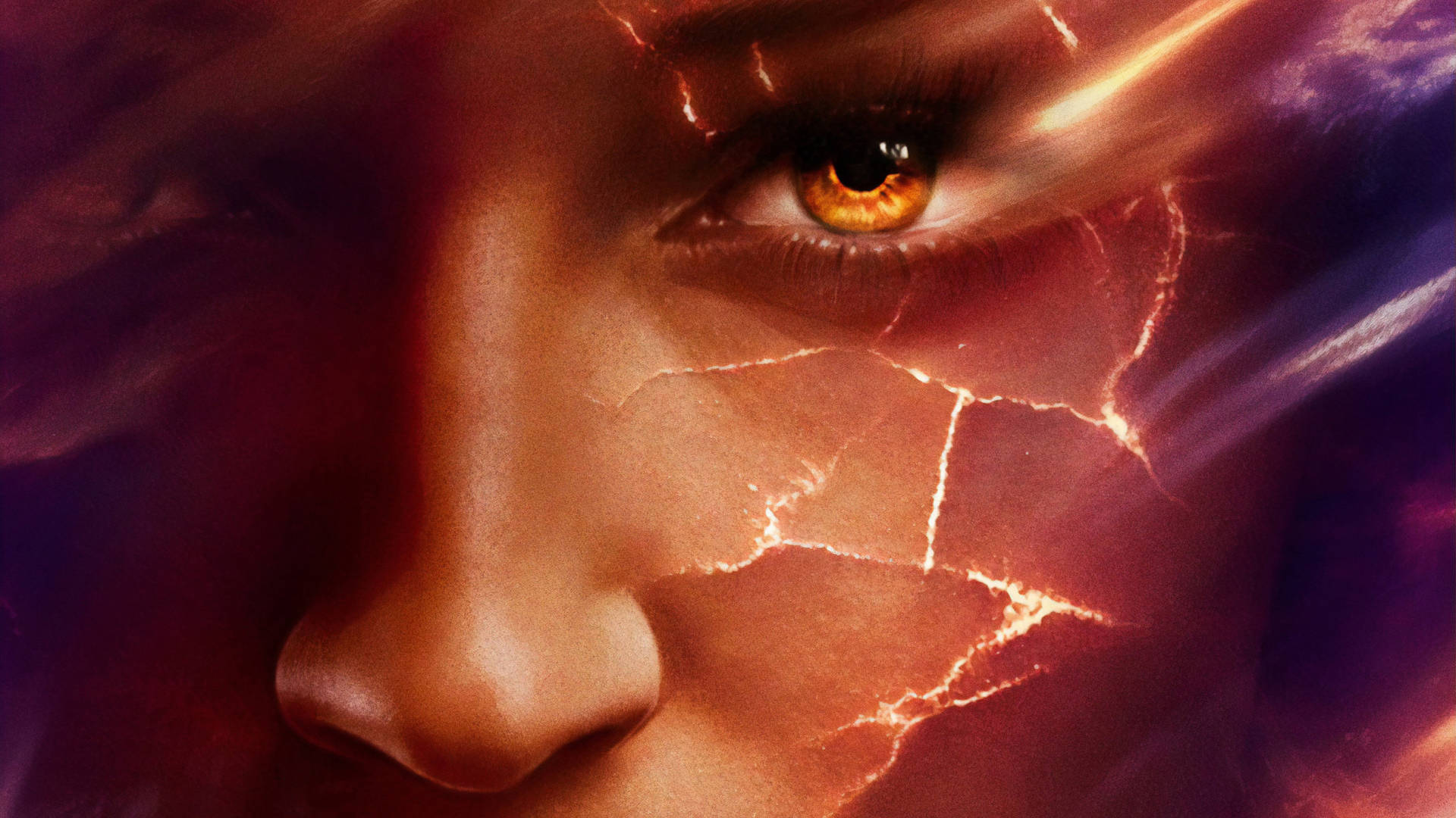 Jean Grey, glowing orange cracks, dark cosmic background, Full HD Desktop Wallpaper