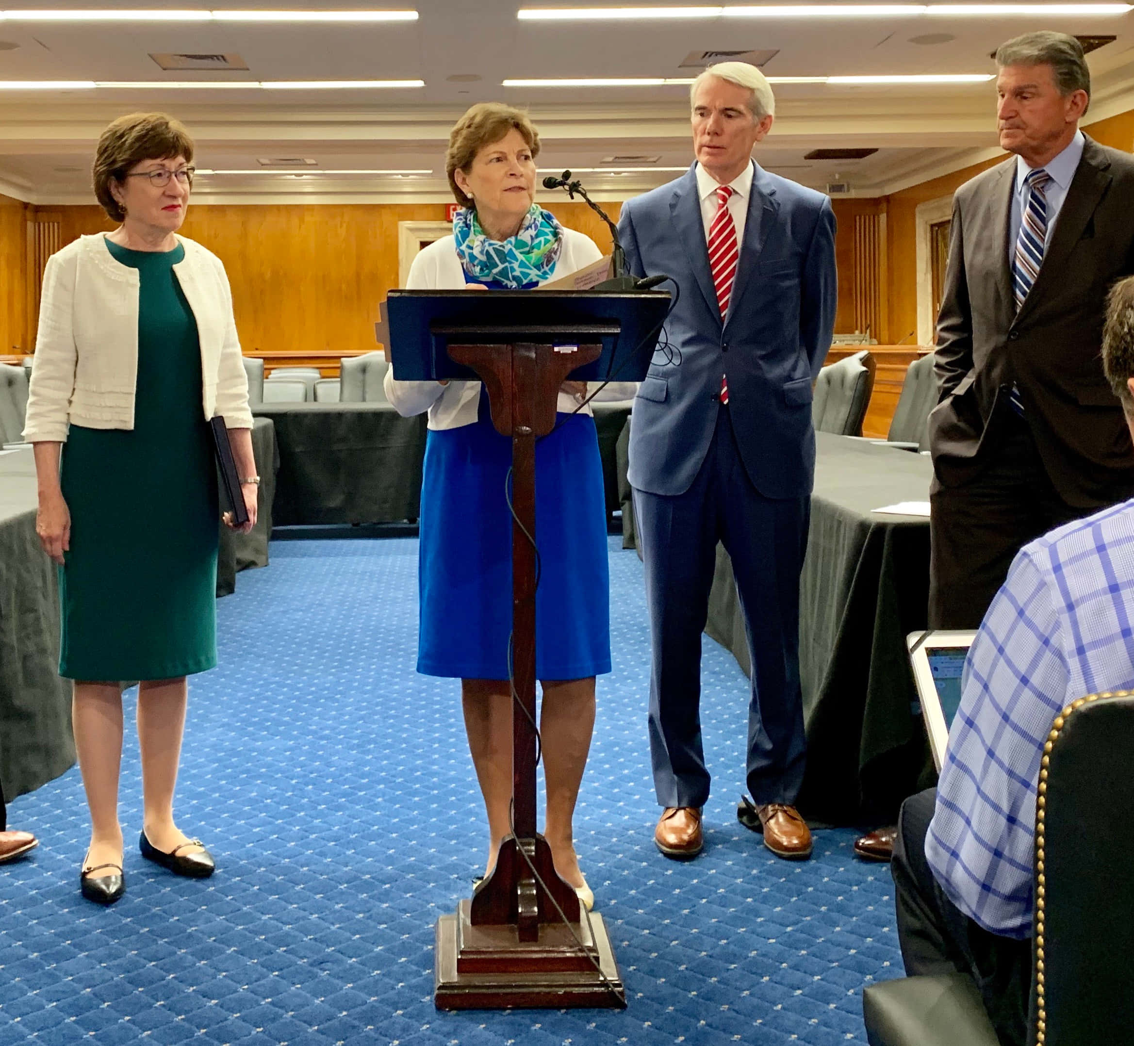 Jeanne Shaheen, blue skirt, patterned scarf, Full HD Desktop Wallpaper