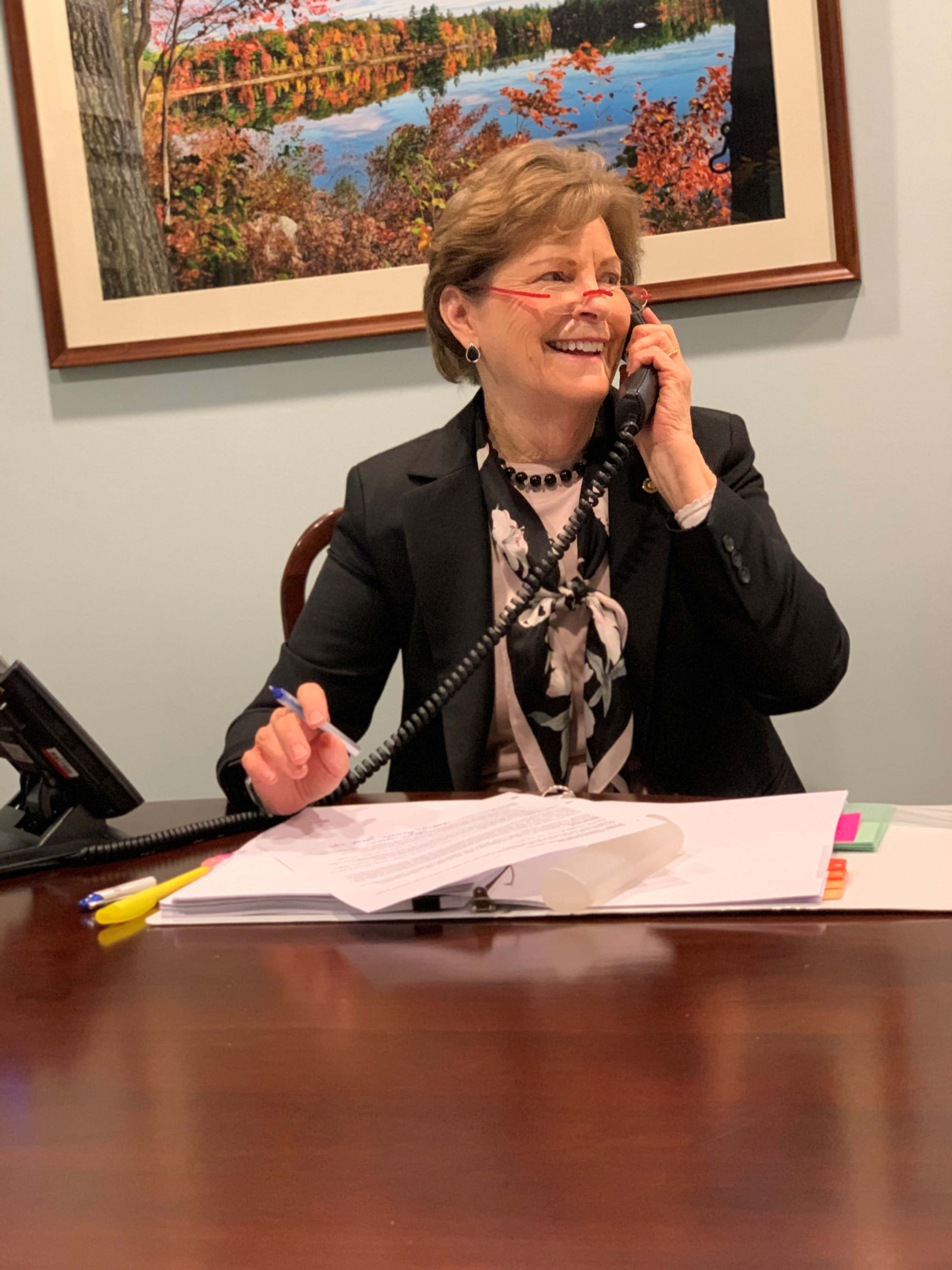 Jeanne Shaheen, black blazer, wooden desk, 4K Phone Wallpaper